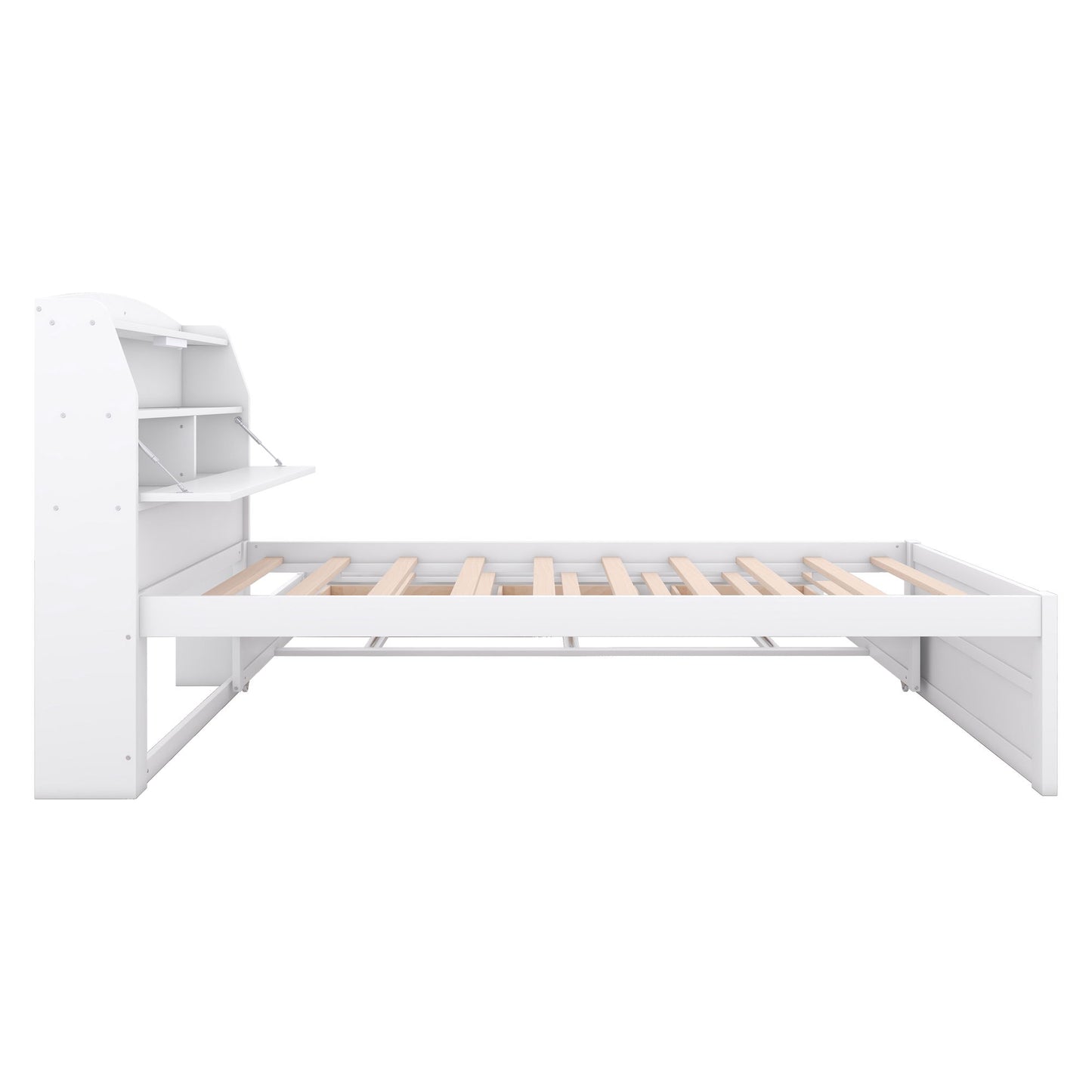 Twin Size LED Platform Bed With Trundle With Storage Headboard With Drawers - White
