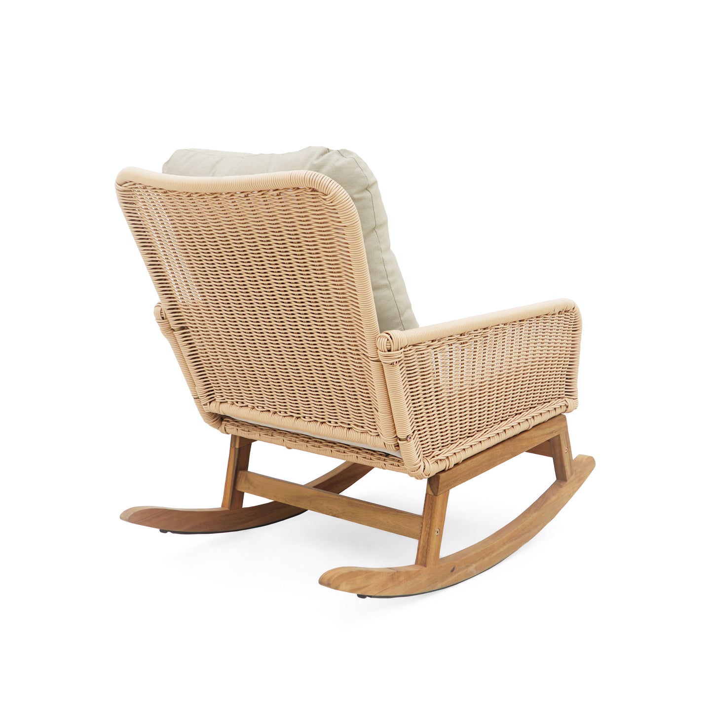 Contemporary Minimalist Wicker Rocking Chair With Soft Polyester Cushions And Wooden Frame - Beige
