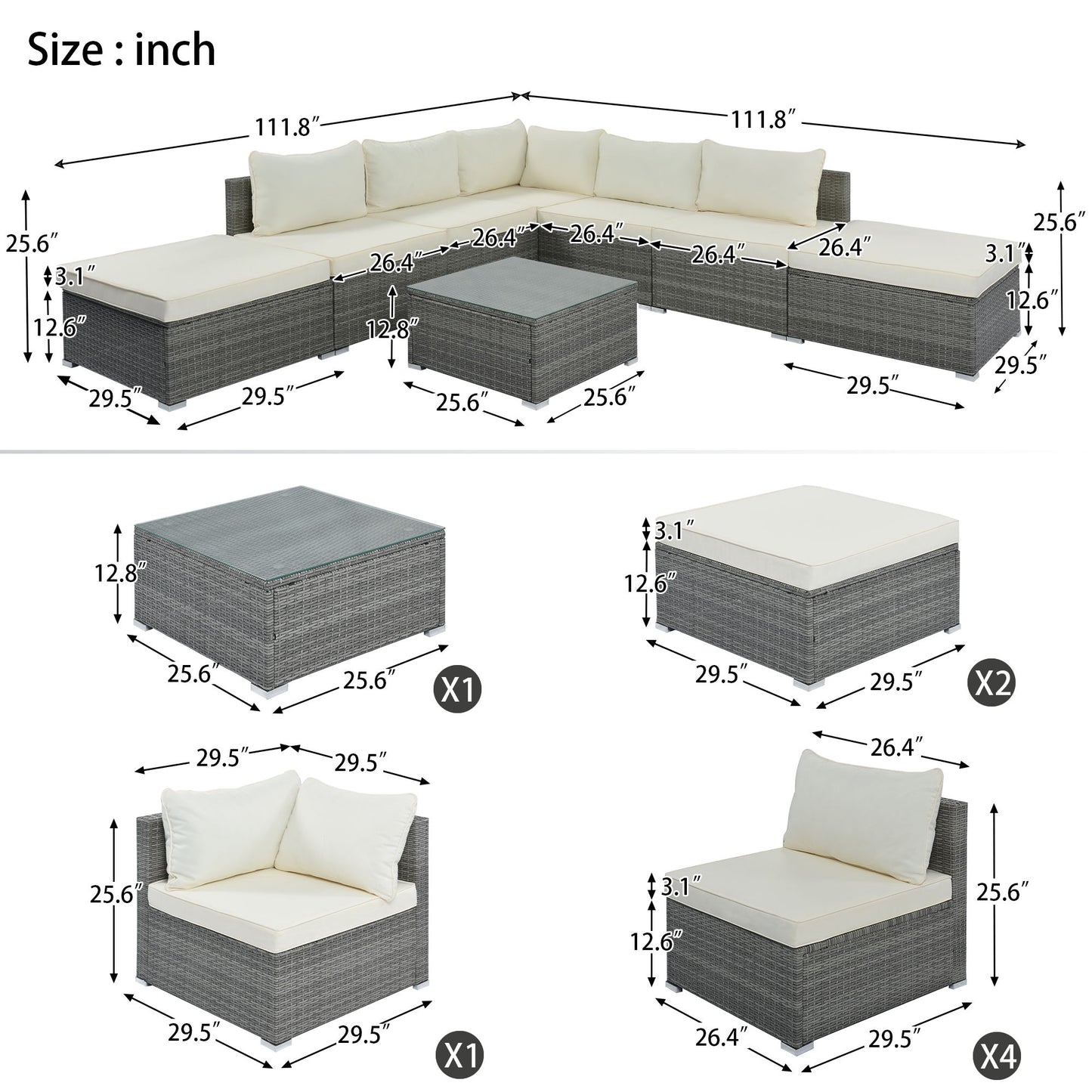 8 Pieces Outdoor Patio Furniture Sets, Garden Conversation Wicker Sofa Set, Single Sofa Combinable - Beiges / Gray