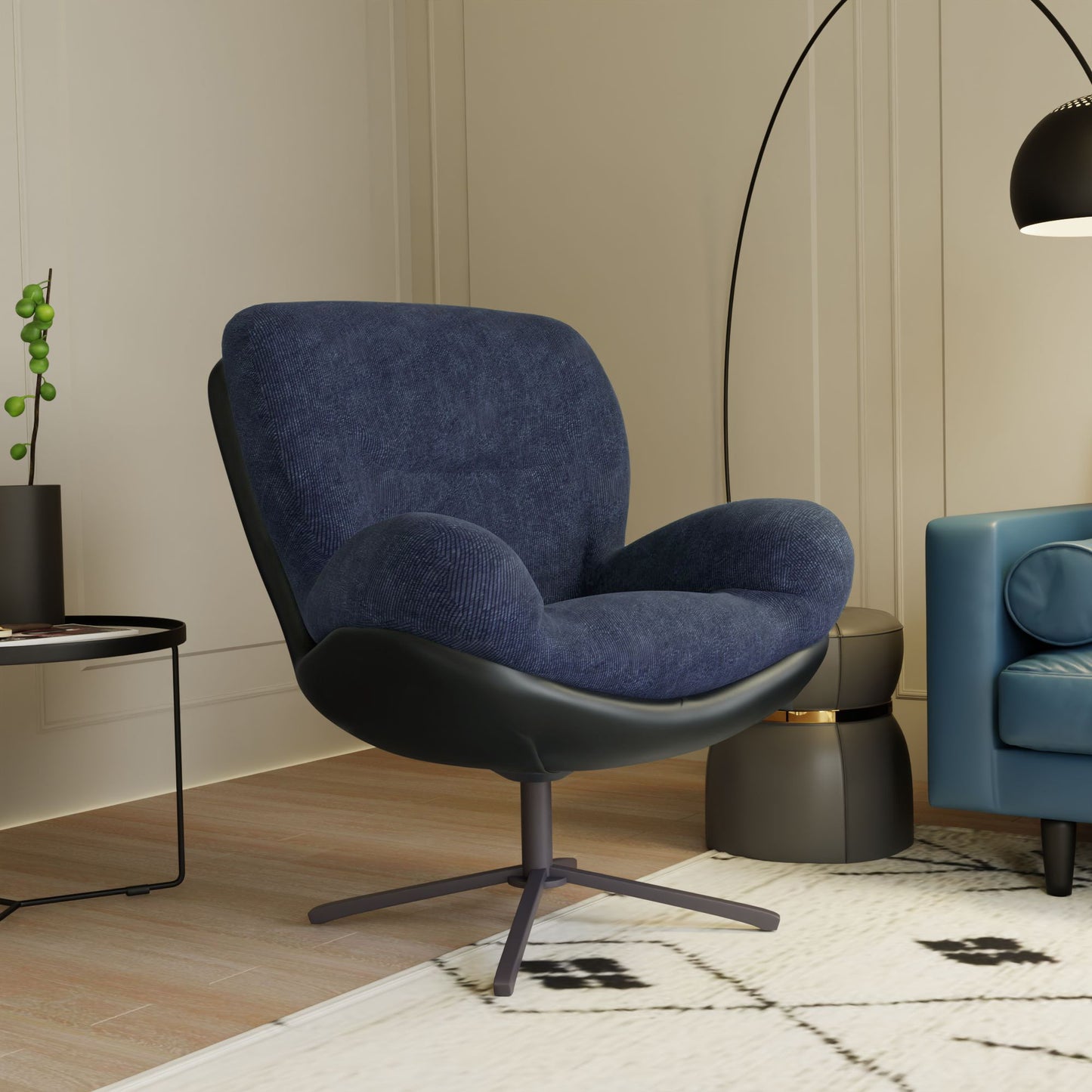 360ÔøΩÔøΩ Swivel Office Chair, Modern Chenille Chair With And Metal Base Frame, No Wheels, Accent Chair - Dark Blue