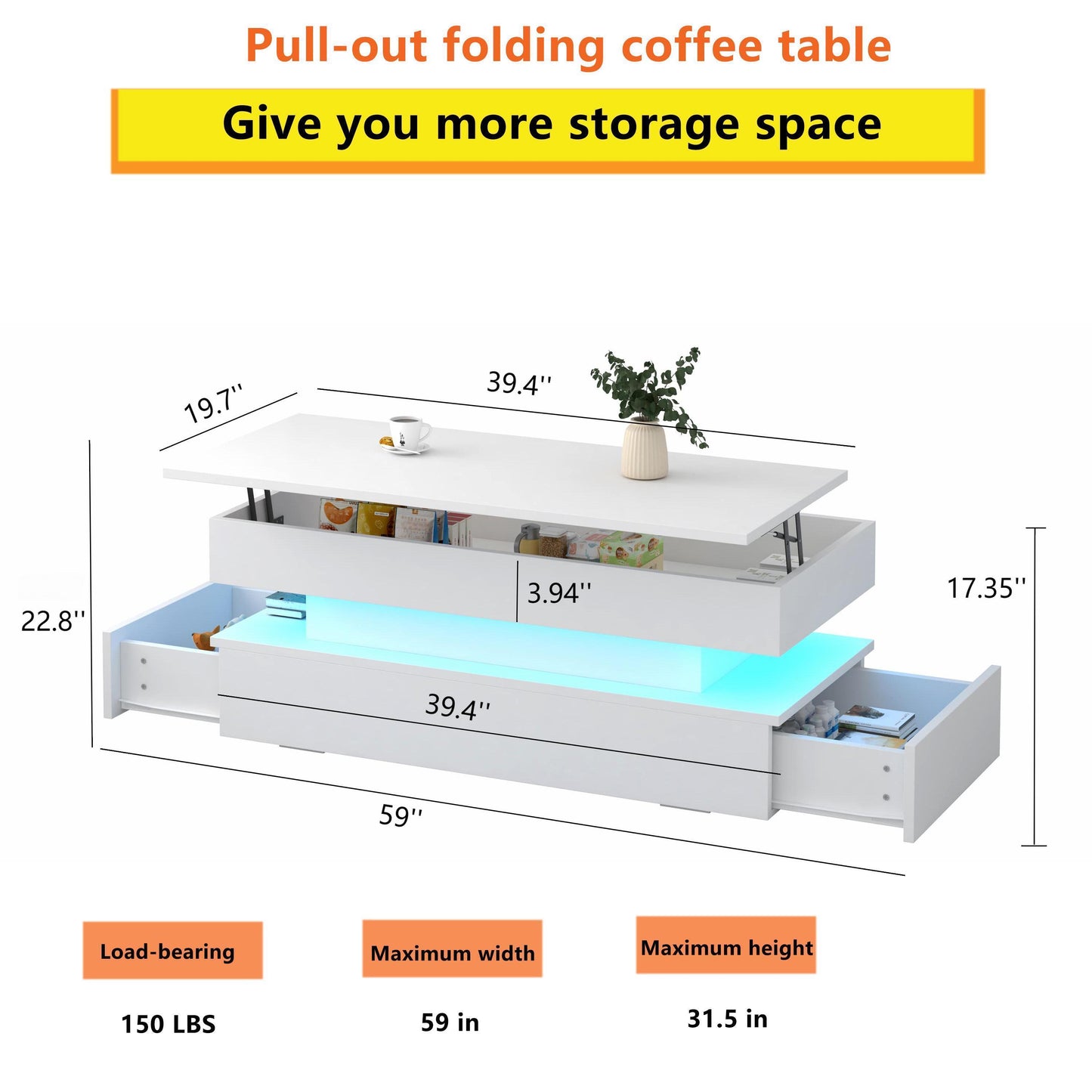 Contemporary Foldable Coffee Table With Drawers And LED White & Metal 3 Tier Design - White