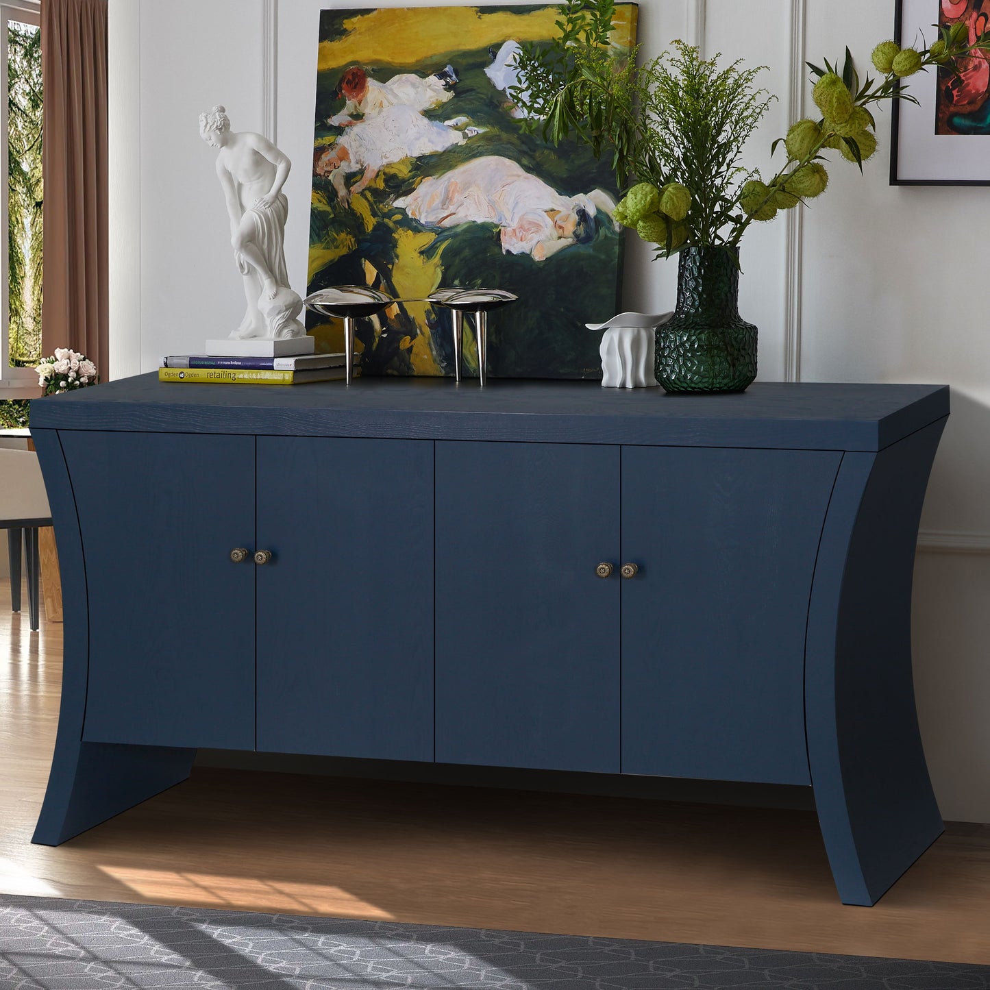 Refined Industrial 4 Door Credenza With Wooden Arc Legs & Bronze Clasps, Advanced Storage Design - Navy Blue