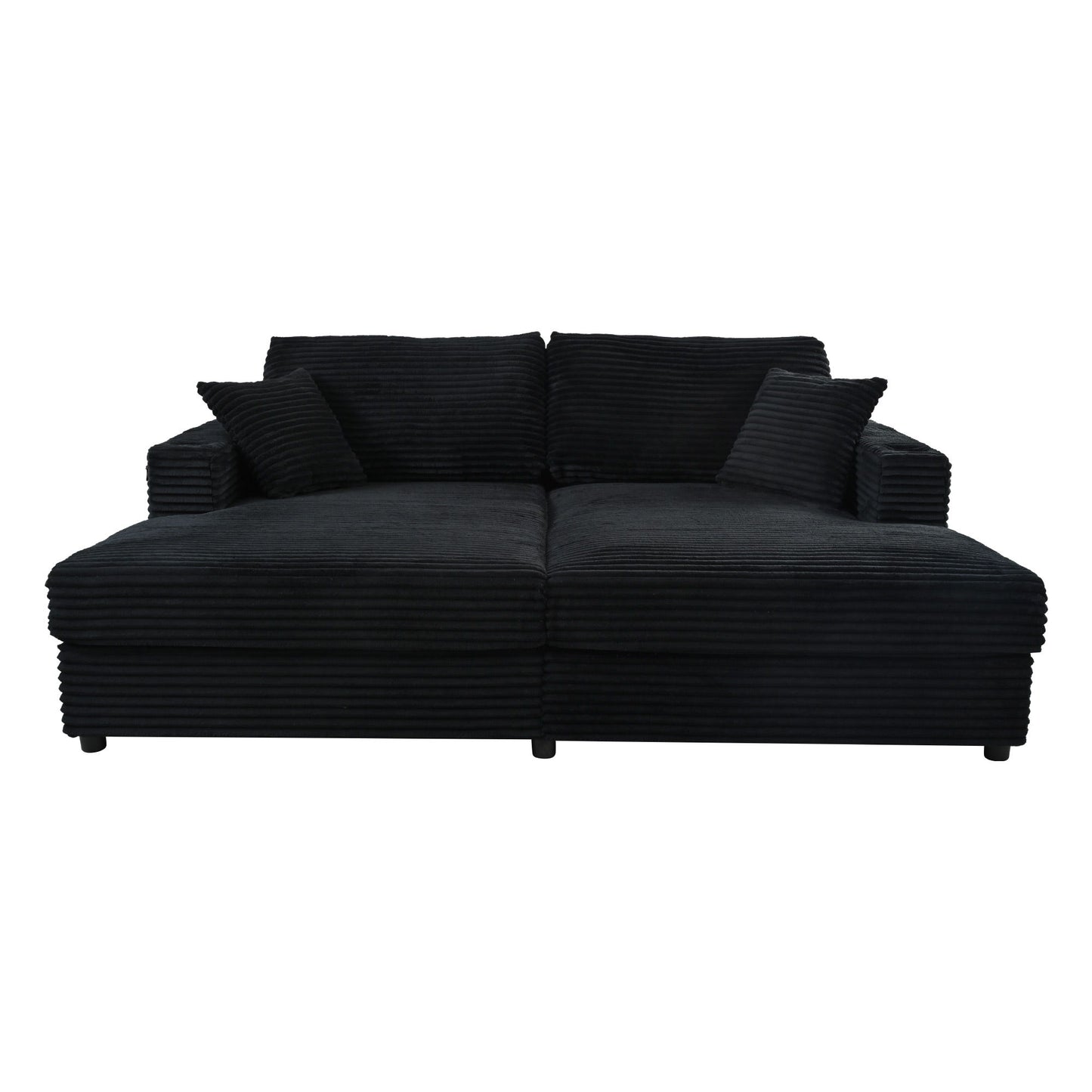 Oversized Loveseat Chaise Lounge Sectional Sofa Bed Corduroy Sleeper Sofa With 2 USB Ports, 2 Cup Holders And 2 Throw Pillows For Living Room And Bedroom - Black