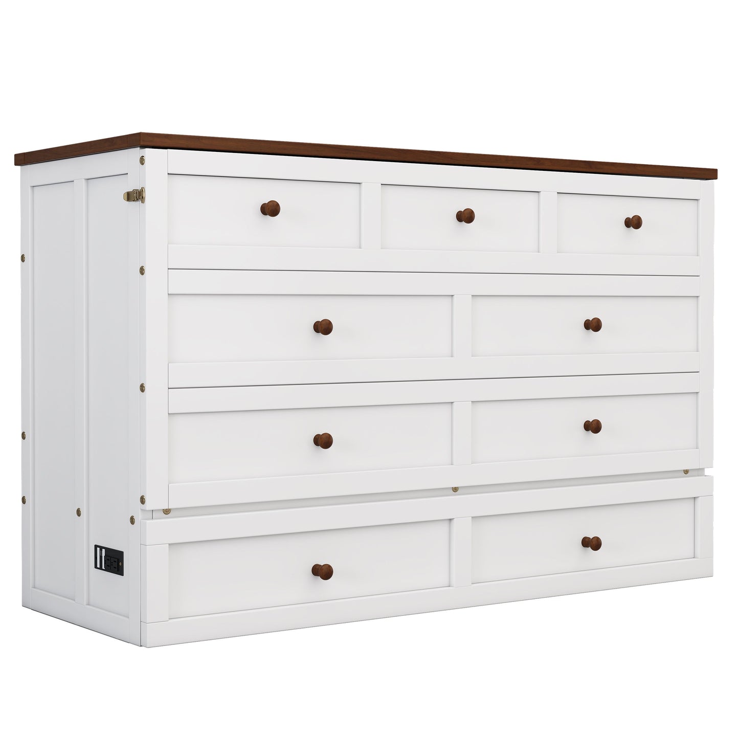 Full Solid Pine Murphy Bed Chest With Charging Station And Large Storage Drawer For Home Office Or Small Room - White / Walnut