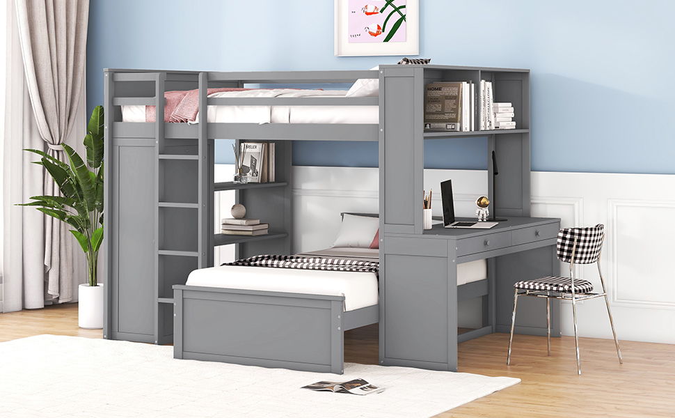 Full Size Loft Bed With A Twin Size Standalone Bed, Shelves, Desk, And Wardrobe - Gray
