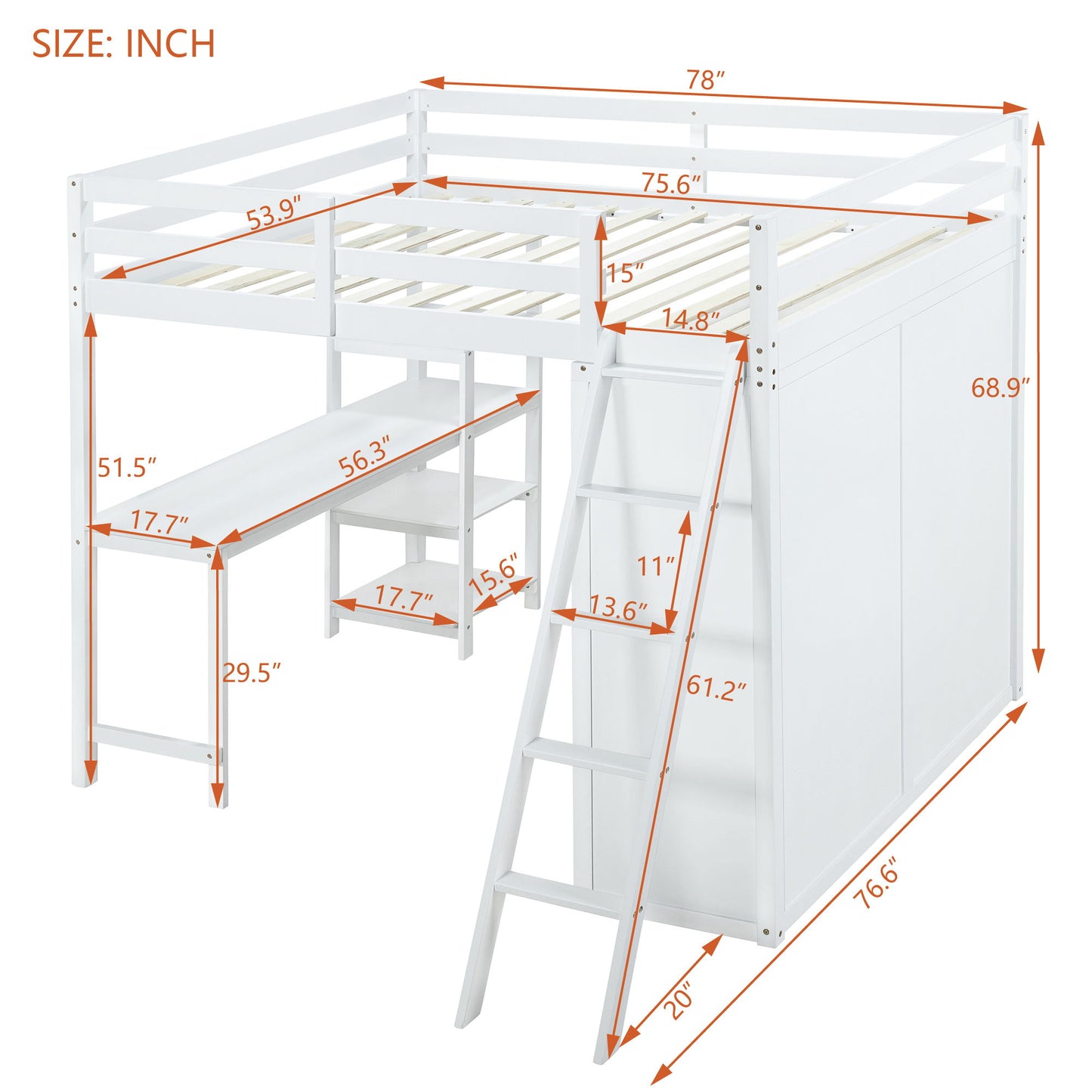 Full Size Loft Bed With Wardrobe And Desk And Shelves - White