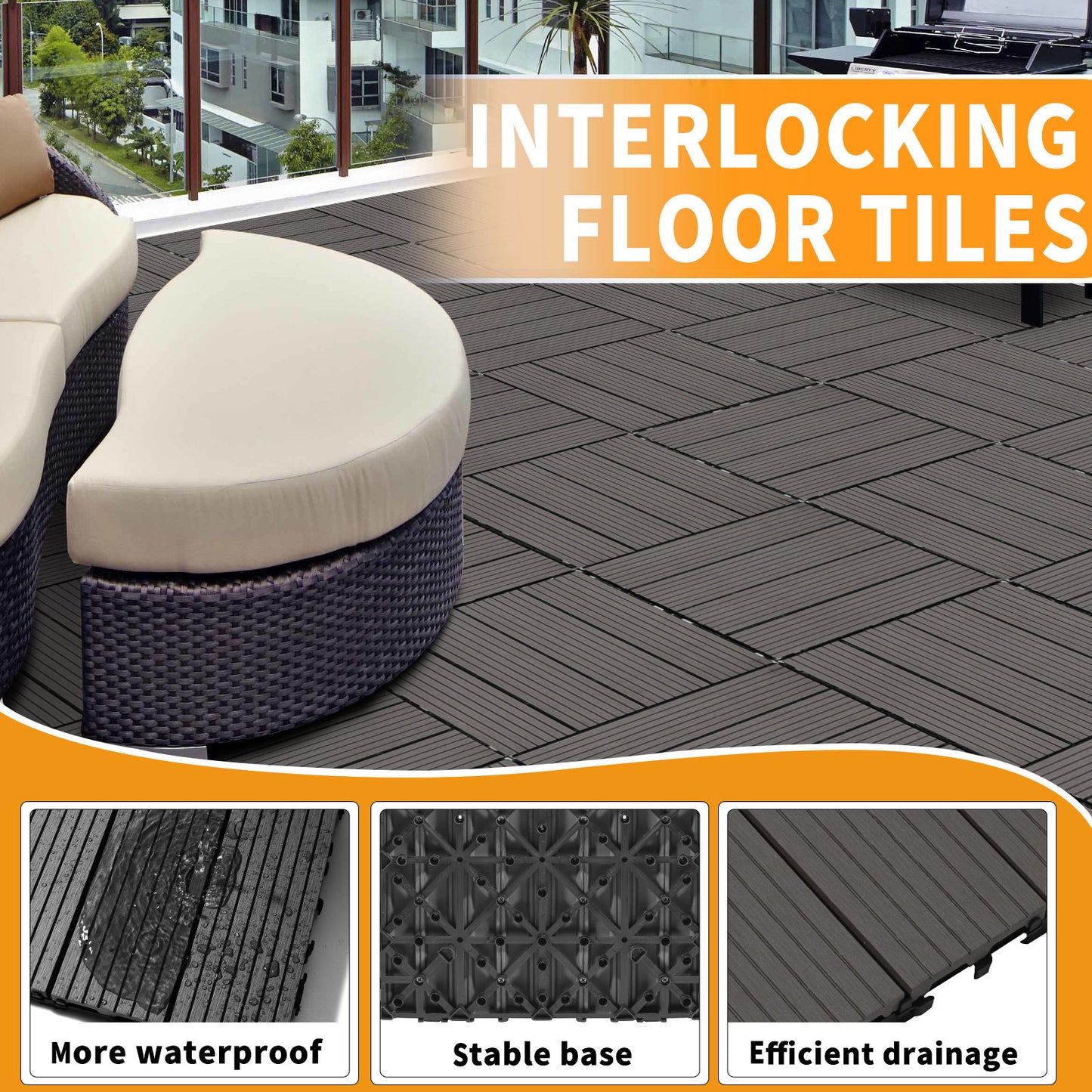 Wood Plastic Composite Deck Tiles (Set of 20), Sustainable Composite Decking Resist Rust, Water, Weather, Easy To Diy & Maintain, Ideal For Patios, Balconies, Rooftops - Light Gray