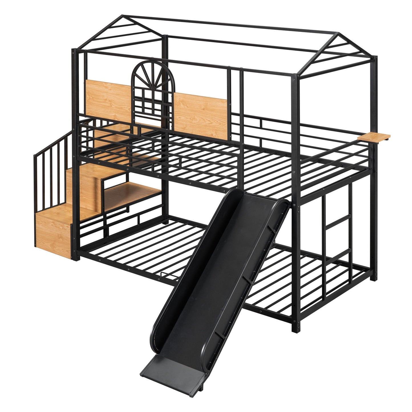 Twin Over Twin Bunk Bed, Housebed With Slide And Storage Stair - Black