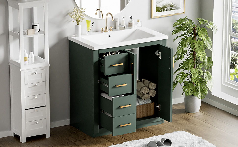 Bathroom Vanity With Ceramic Sink Combo, Frame Bathroom Storage Cabinet, Freestanding Vanity Set With 3 Drawers & Soft Closing Doors - Green