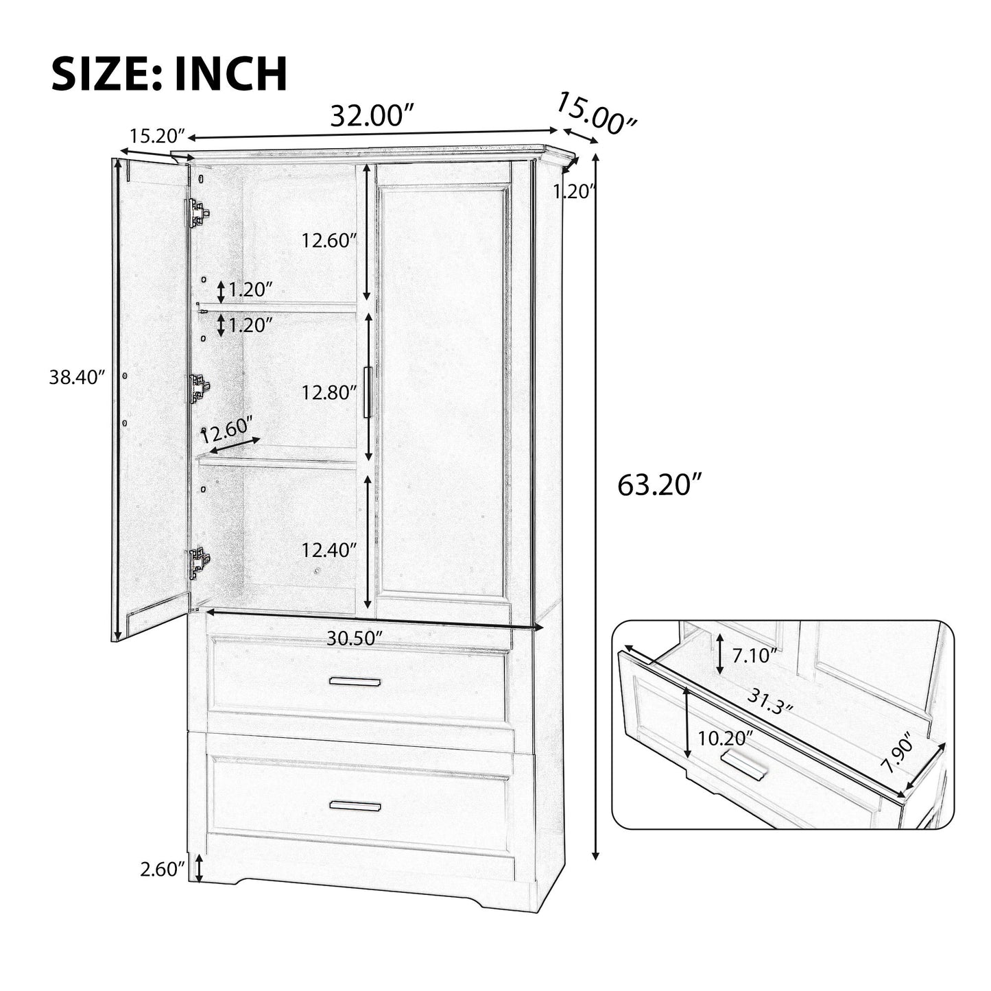 Tall Bathroom Storage Cabinet, Cabinet With 2 Doors And Drawers, Adjustable Shelf - Black