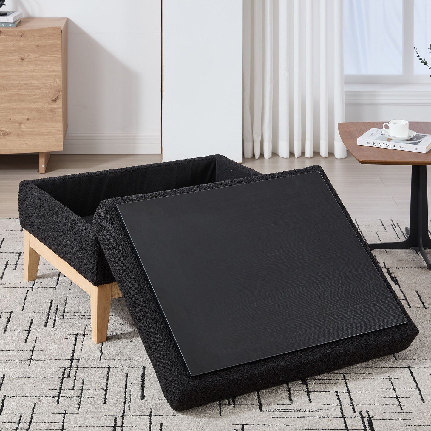 Upholstered Storage Ottoman With Reversible Lid Coffee Table, Foot Stool Square Footrest With Rubberwood Legs For Living Room Bedroom Entryway And Office - Black