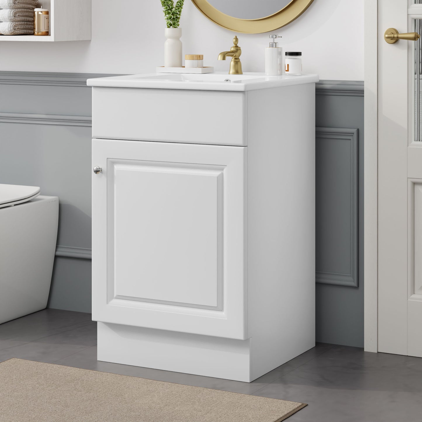 20" Bathroom Vanity With Sink, Freestanding Cabinet With Door Shelf And Adjustable Shelf, And Ceramic Construction - White