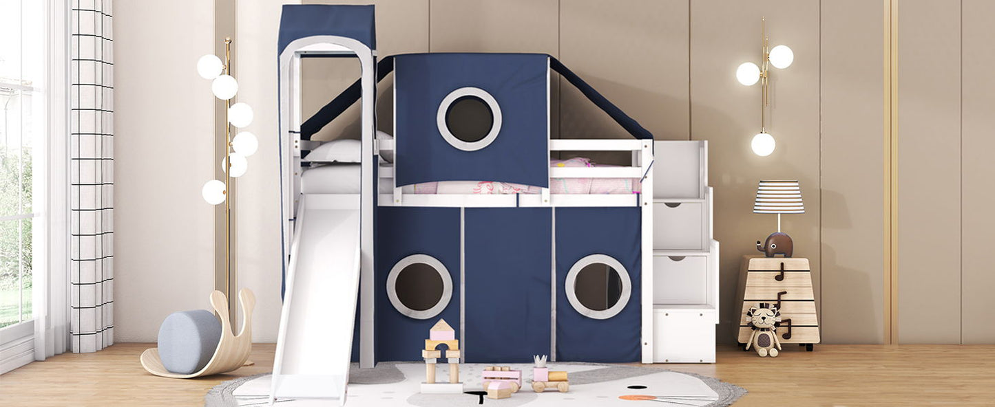 Twin Size Loft Bed With Tent And Tower - Blue