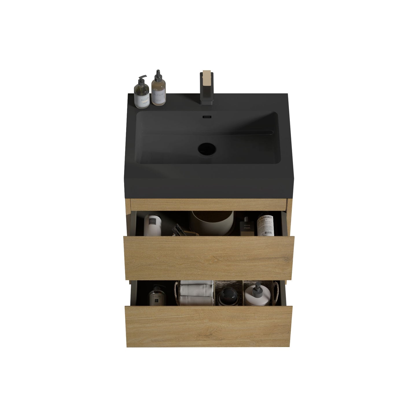 Alice - U090-Alice24W-106 Natural Oak Bathroom Vanity With Sink, Large Storage Wall Mounted Floating Bathroom Vanity For Modern Bathroom, One-Piece Black Sink Basin Without Drain - Light Oak