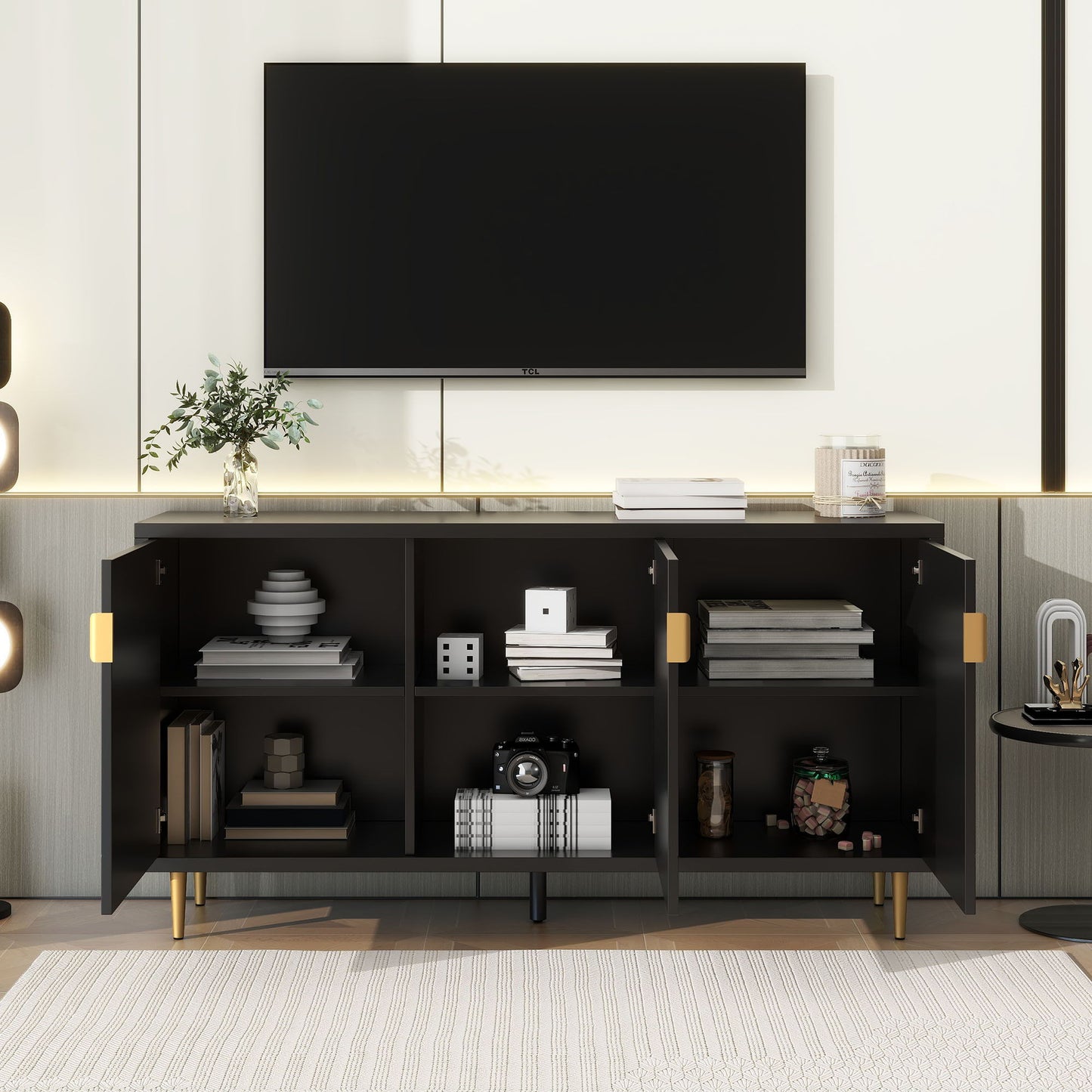 Modern TV Stand With 3 Doors And Adjustable Shelves For Living Room, Fits TVs Up To 70" - Black