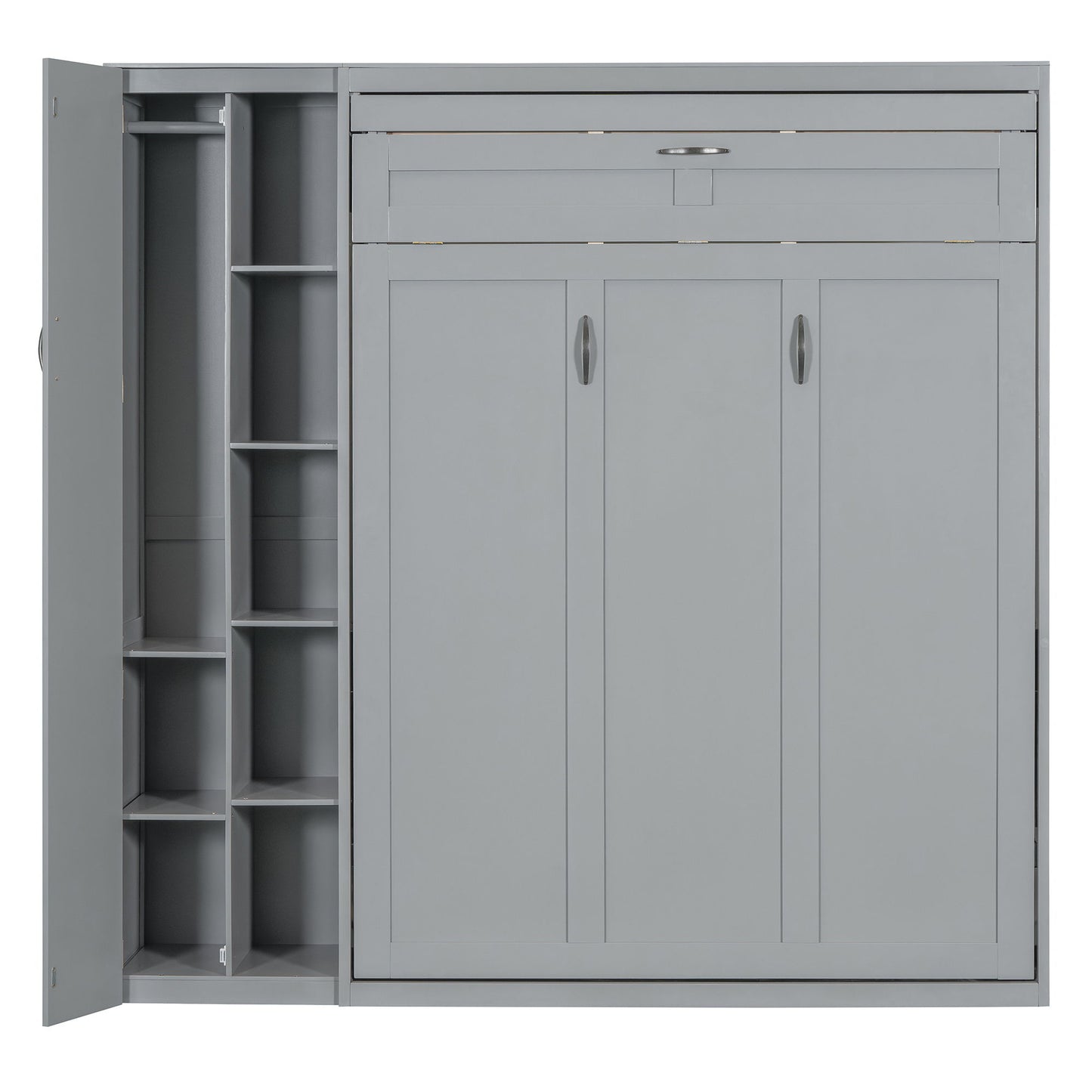 Full Size Murphy Wall Bed With Shelves, Wardrobe And LED Lights - Gray