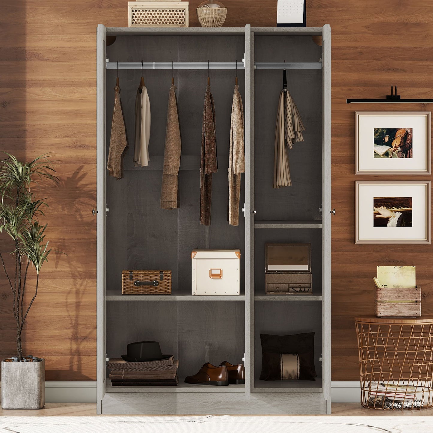 3 Door Shutter Wardrobe With Shelves - Gray