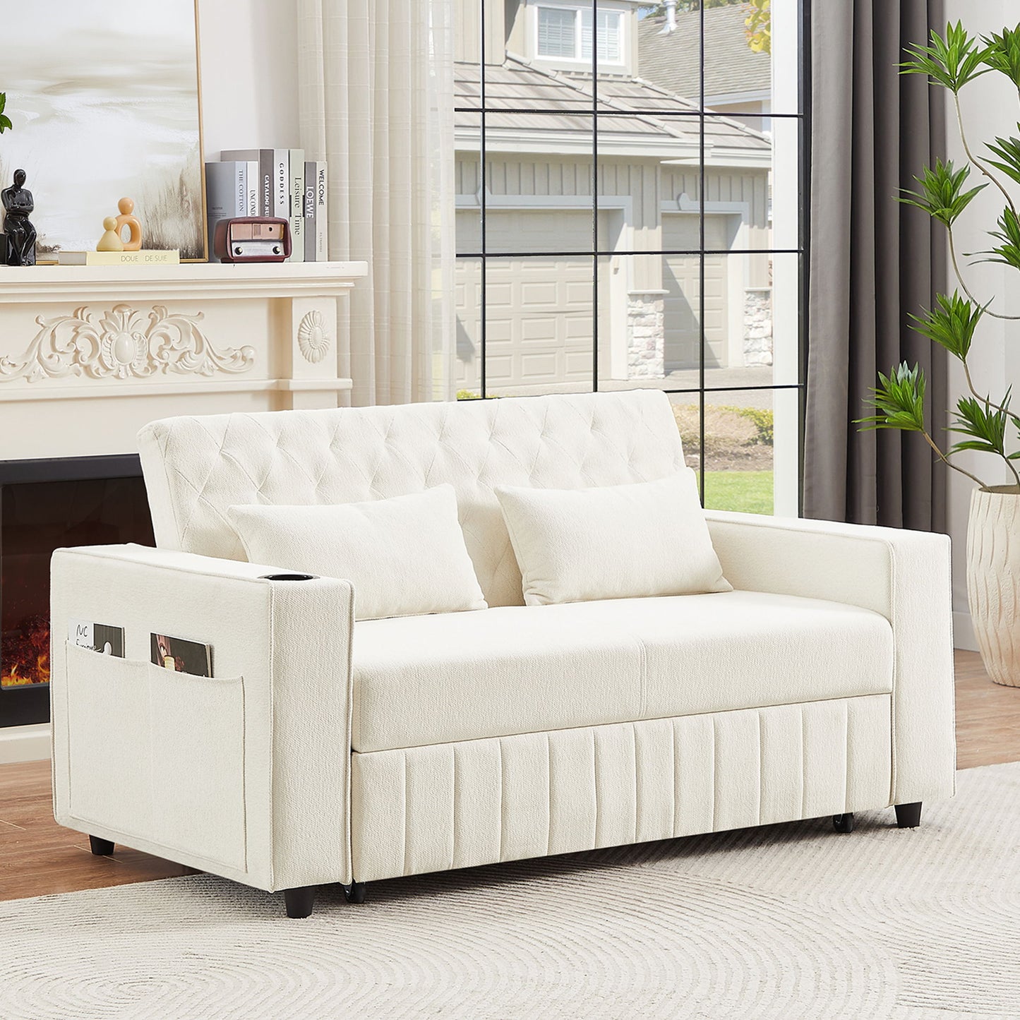Pull Out Sofa Bed Convertible Couch Loveseat Sofa Modern Sleeper Sofa With Adjustable Backrest For Living Room - Beige