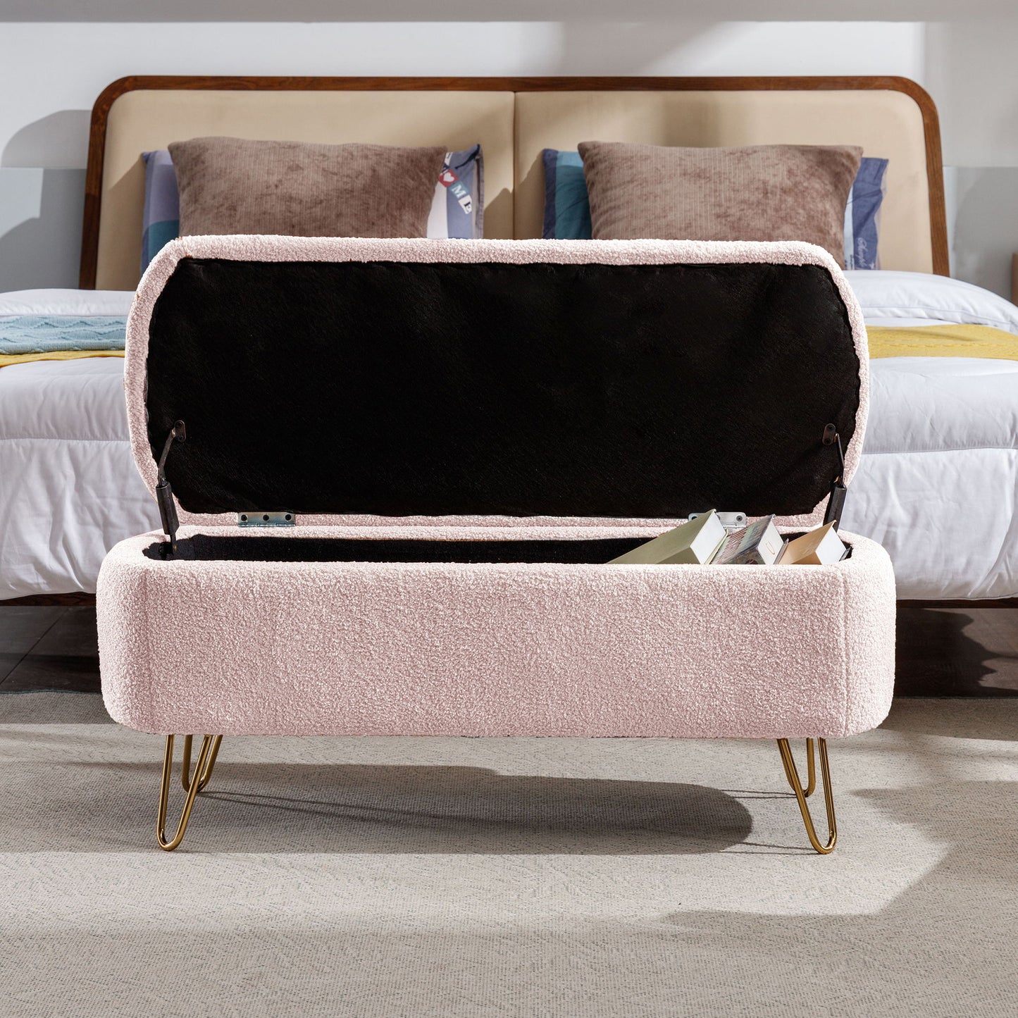 Storage Ottoman Bench For End Of Bed Gold Legs, Modern Gray Faux Fur Entryway Bench Upholstered Padded With Storage For Living Room Bedroom - Pink