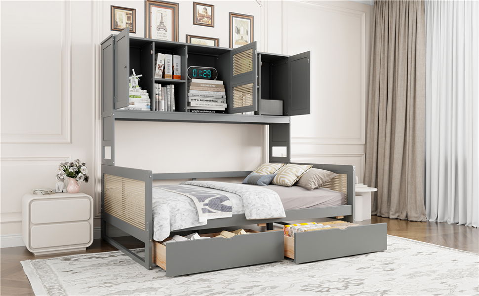 Full Size Wooden Daybed With 2 Drawers, And All In One Cabinet And Shelf - Gray
