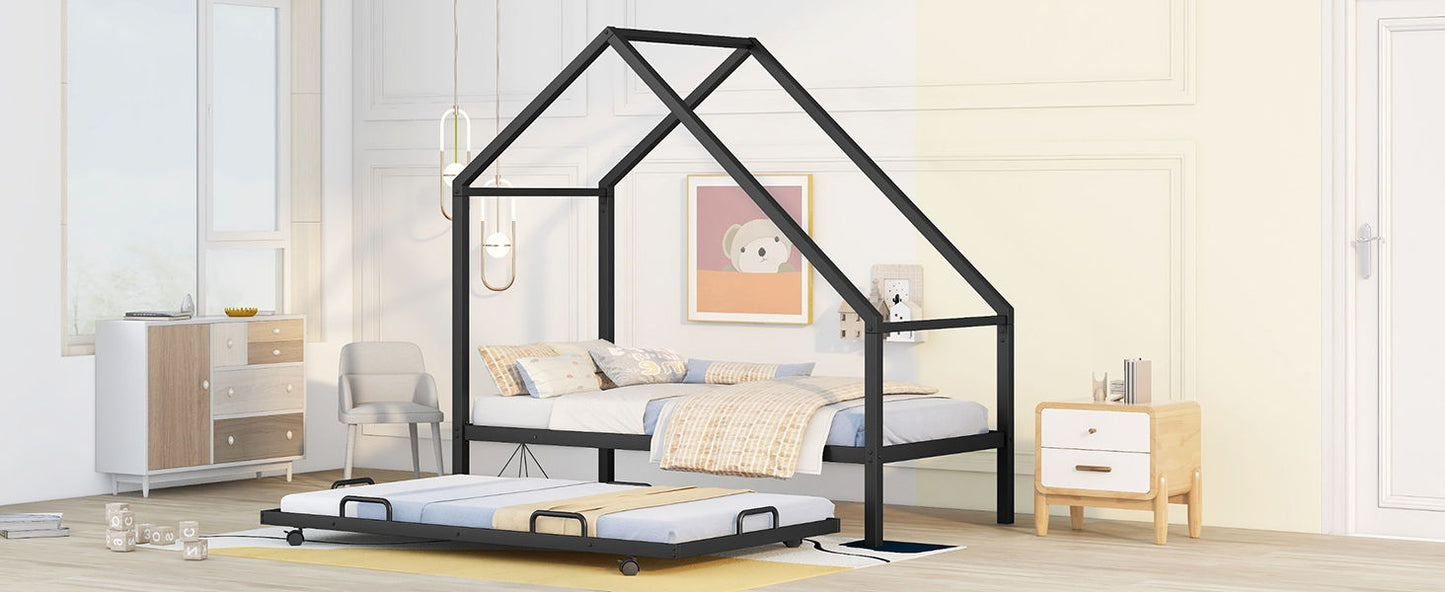 Twin Size House Bed With Trundle - Black
