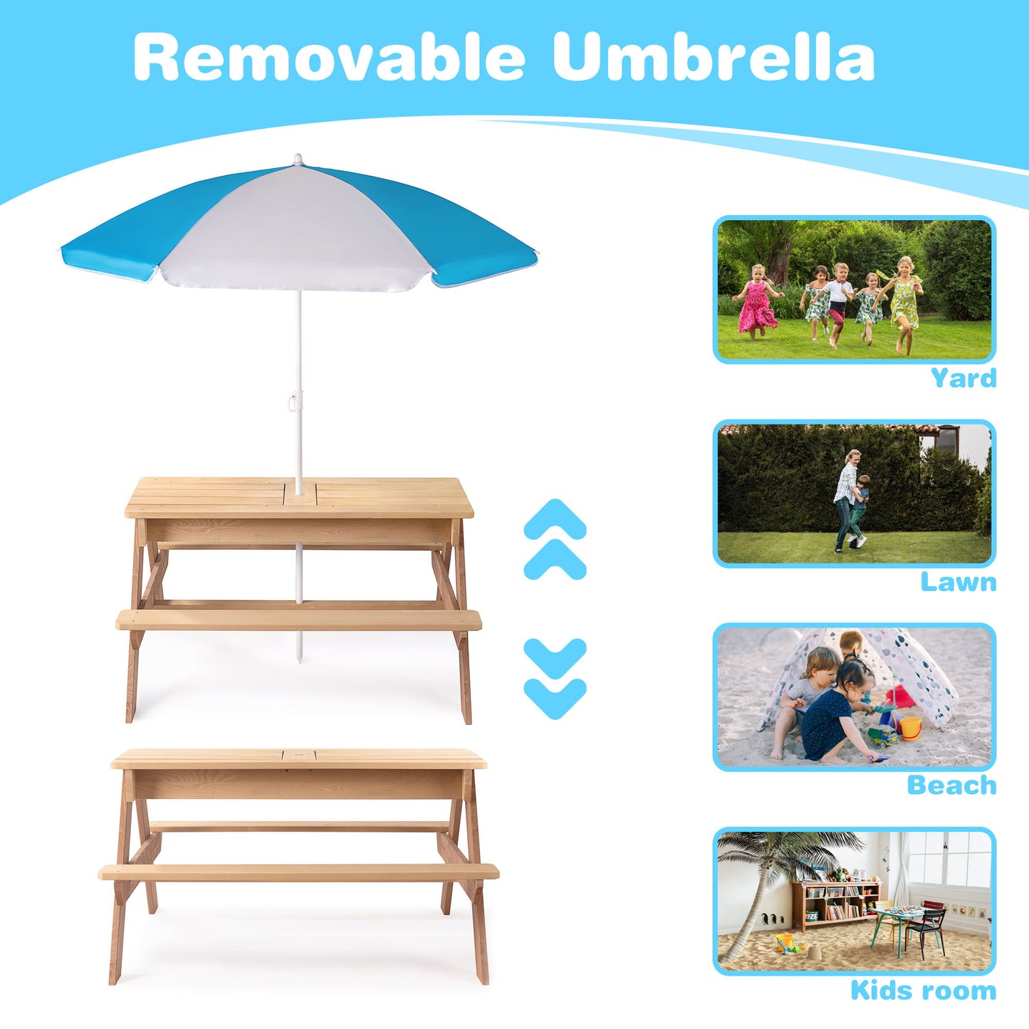 3-In-1 Kids Outdoor Wooden Picnic Table With Umbrella, Convertible Sand & Water, ASTM & CPSIA Certification - Natural Wood