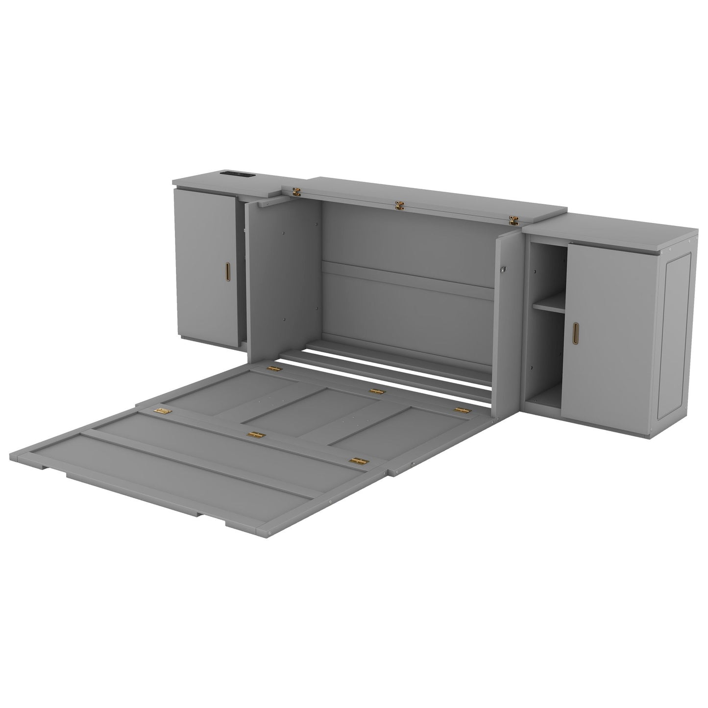Full Size Murphy Bed With Shelves, Cabinets And USB Ports - Gray