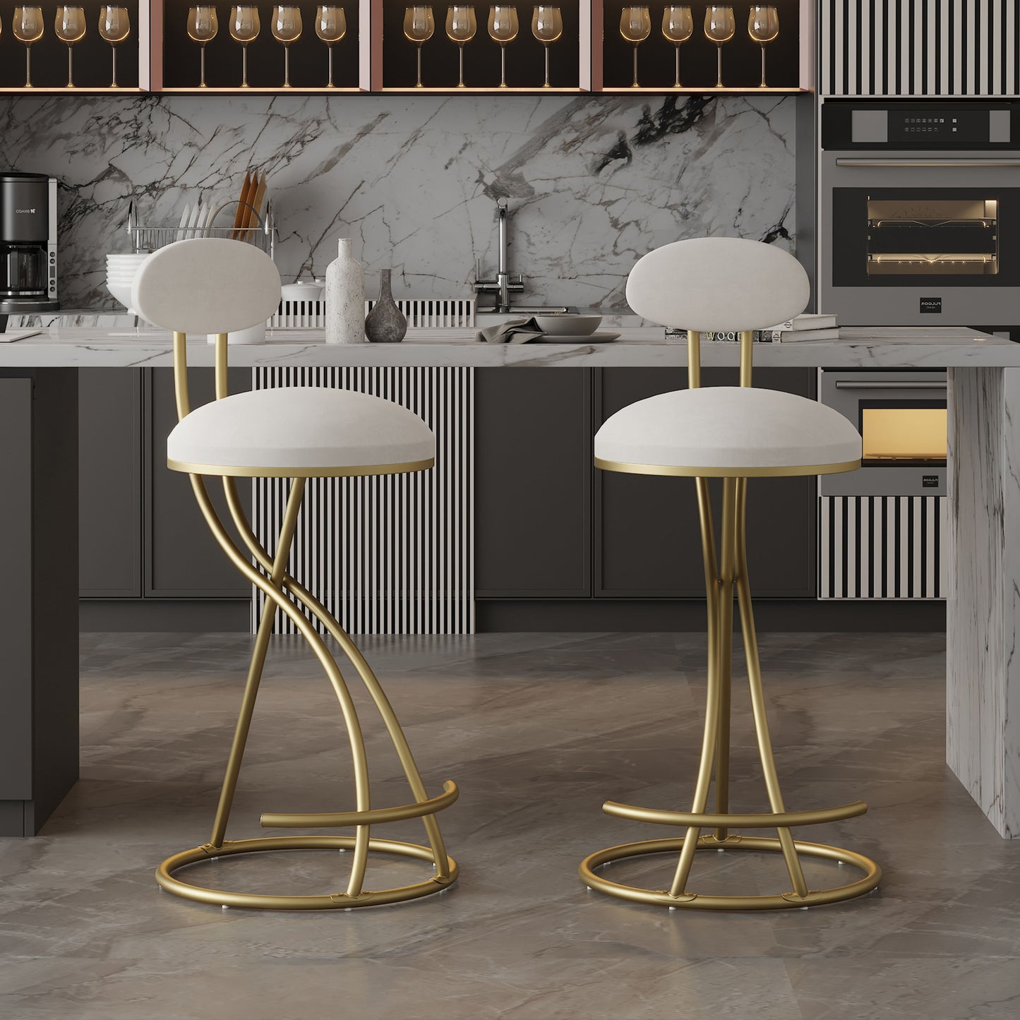 Round Bar Stool Armless Velvet Barstools With Back (Set of 2) Upholstered Counter Chair For Dining Room, Kitchen Island - Gold / Creamy White