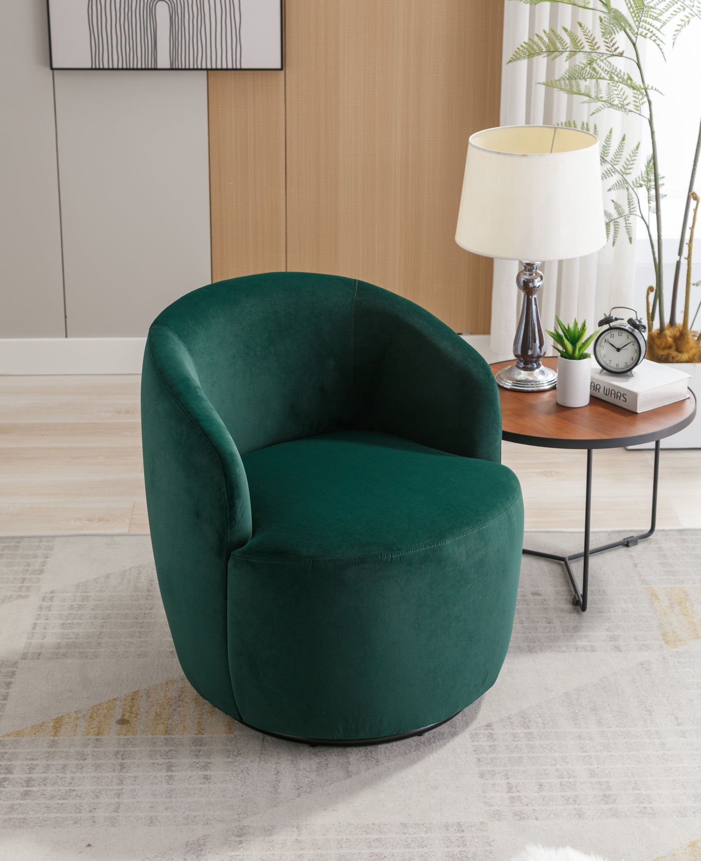 Velvet Fabric Swivel Accent Armchair Barrel Chair With Black Powder Coating Metal Ring - Green