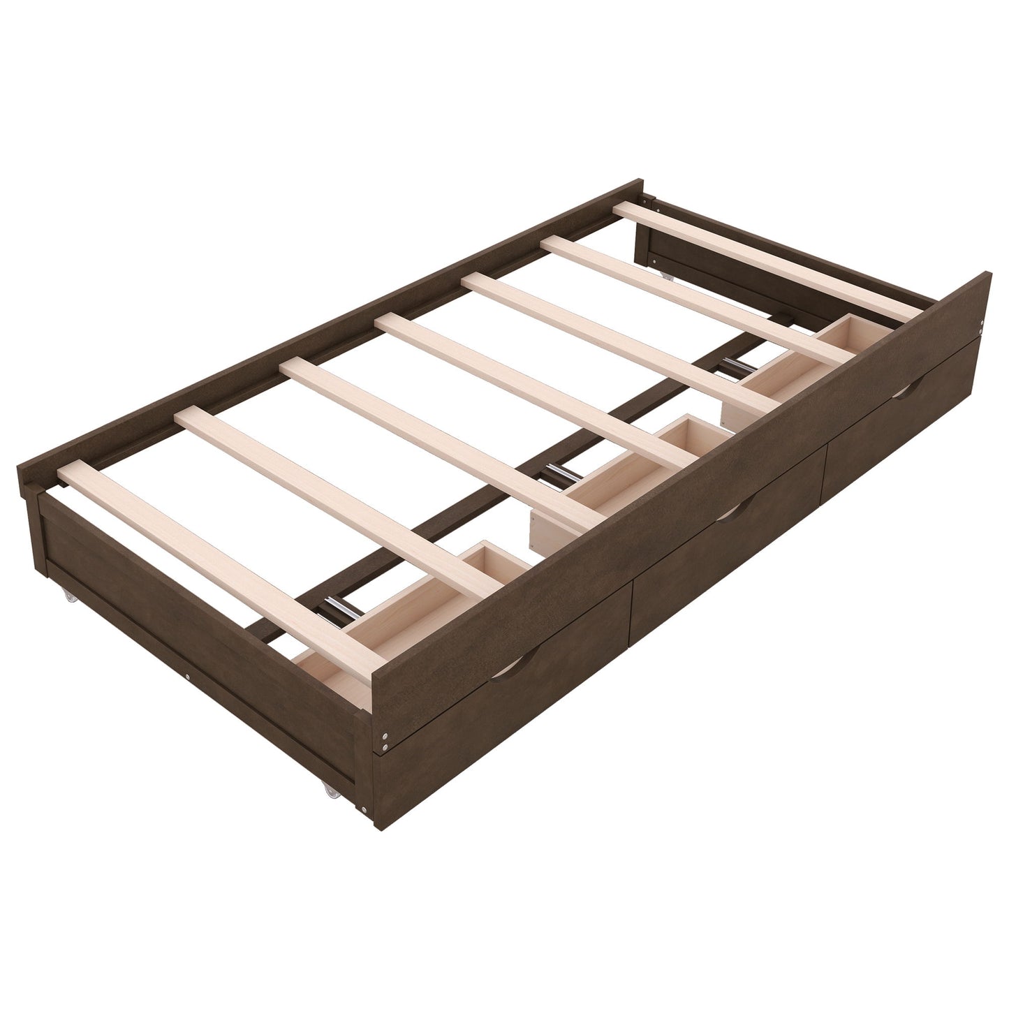 Twin Size LED Platform Bed With Trundle With Storage Headboard With Drawers - Brown