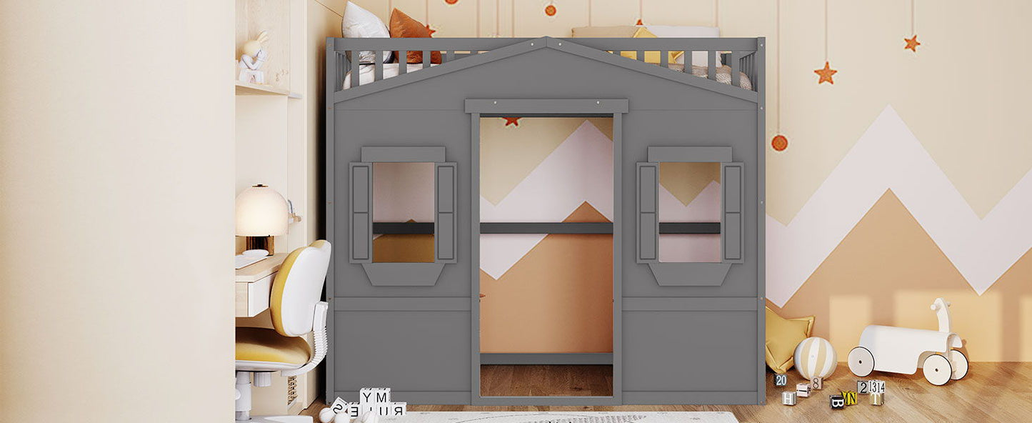 Twin Size House Loft Bed With Ladder - Gray