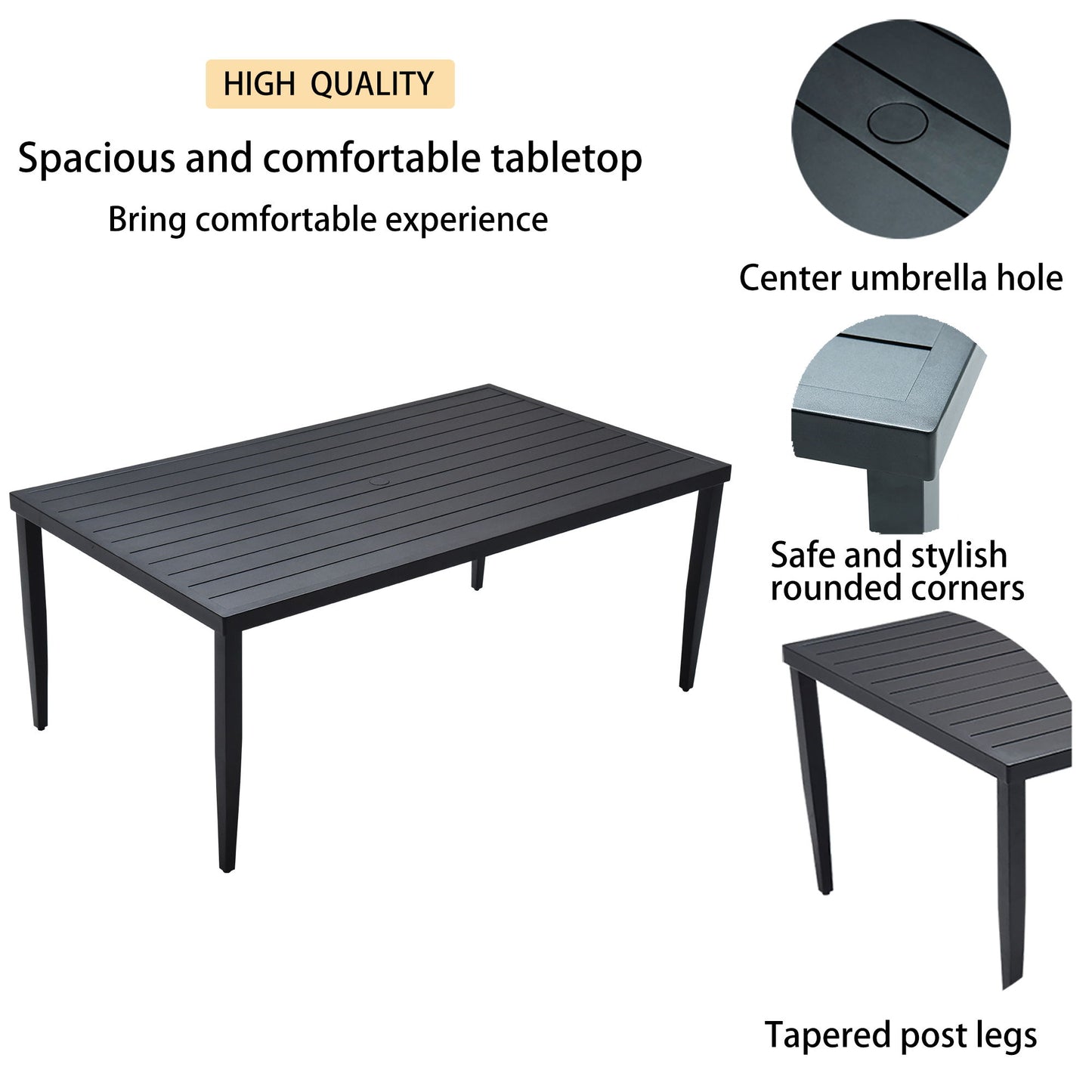 7 Piece Outdoor Patio Furniture, Modern Dining Set, 6 Swivel Chairs Rockers Sunbrella Fabric And Rectangle Dining Table With Umbrella Hole - Ember Black