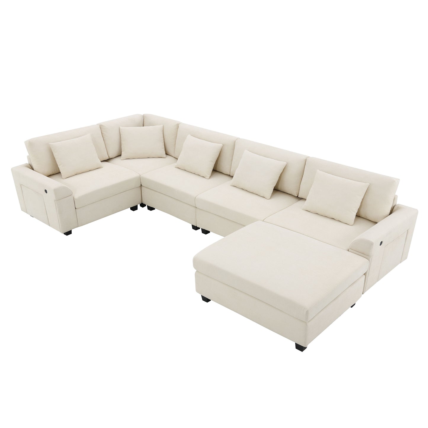U Shaped Sectional Sofa 6 Seat Couch Set With Oversized Ottoman, Hidden Armrest Storage And Cup Holders USB Charging Ports Wide Seat Sofa - Off White