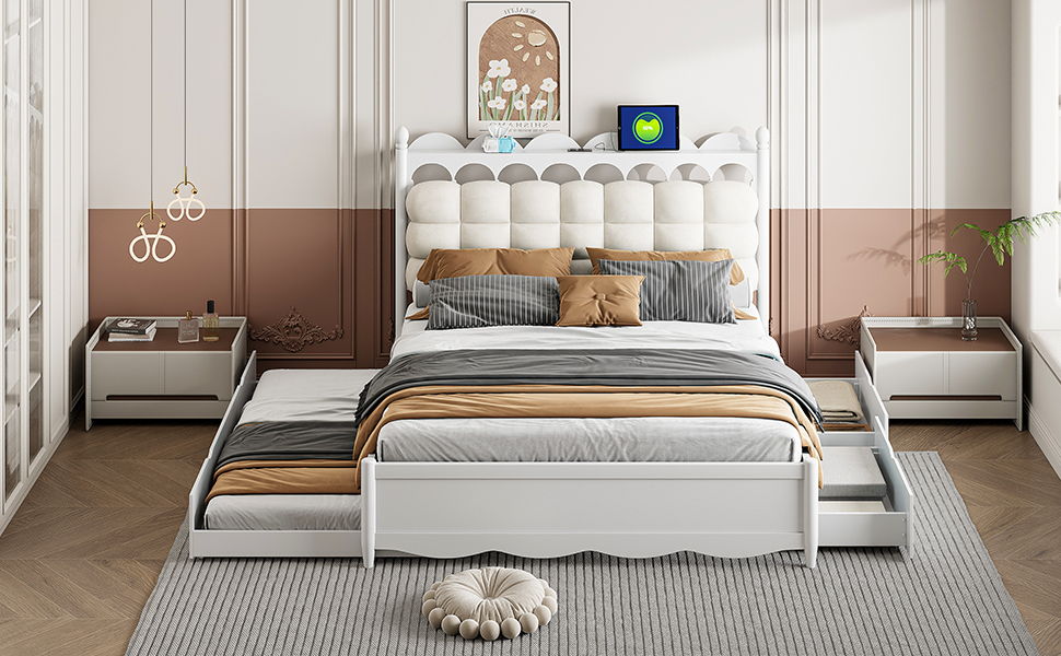 Queen Size Storage Platform Bed, With 2 Big Drawers, Twin Long Size Trundle, One Set Of Sockets & USB Ports - White