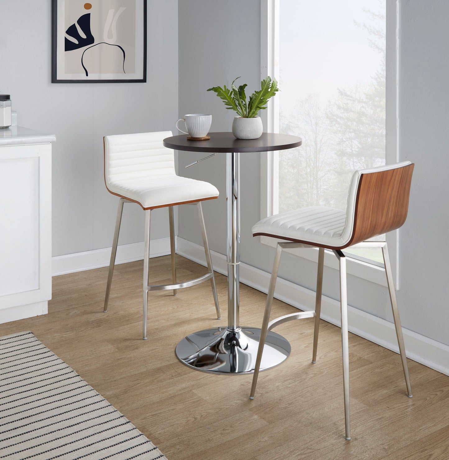 Mason - 3 Piece Swivel Mid-Century Modern Counter Height Dining Set With Adjustable Table - Chrome / Brown / White