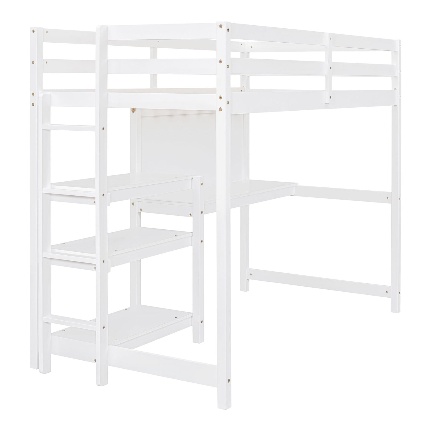 Twin Size Loft Bed With Shelves, Desk And Writing Board - White