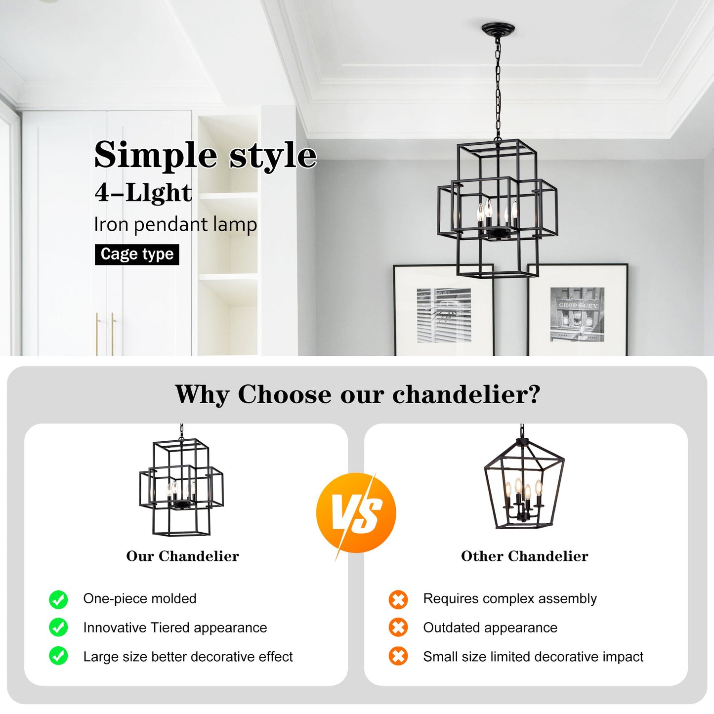 4 Light Metal Lantern Tiered Pendant Hanging Light Fixtures, Industrial Farmhouse Adjustable Height Chandeliers For Dining Room Hallway Foyer Entryway (E12 Bulbs Not Included) - Matte Black