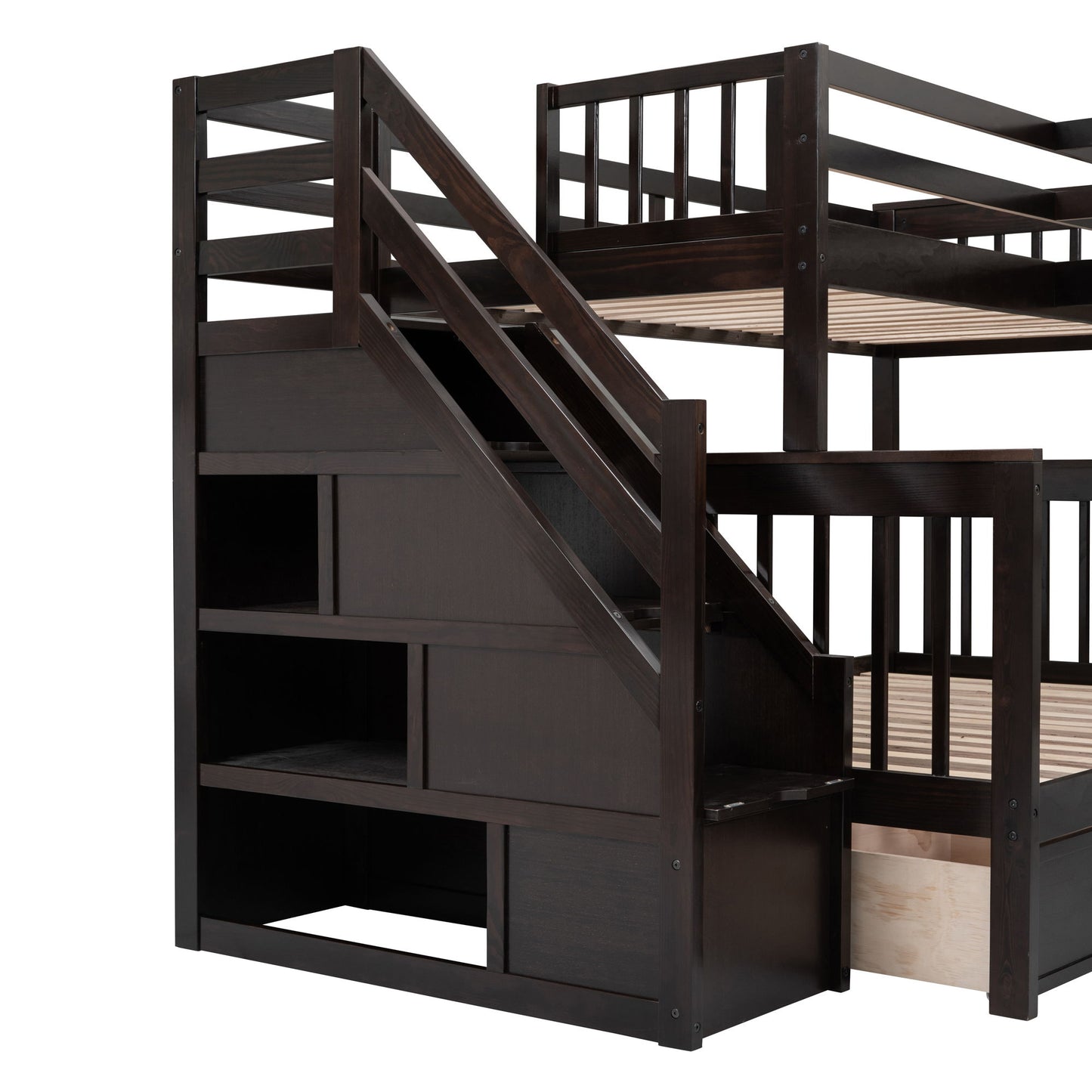 Twin Twin Over Full L Shaped Bunk Bed With 3 Drawers, Portable Desk And Wardrobe - Espresso