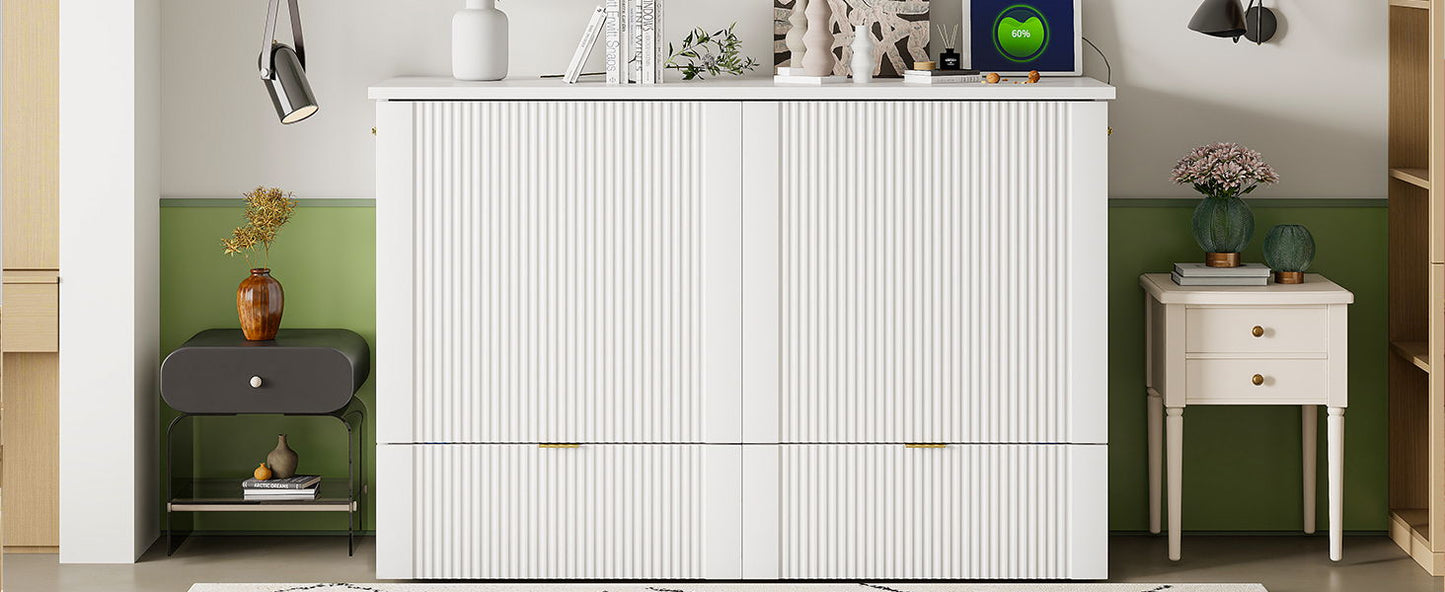 Full Size Murphy Bed With Drawer And A Set Of Sockets & USB Ports, Pulley Structure Design - White