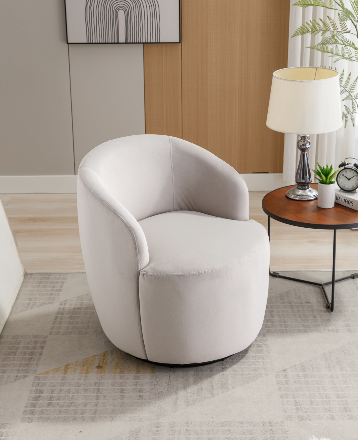 Velvet Fabric Swivel Accent Armchair Barrel Chair With Black Powder Coating Metal Ring - Gray