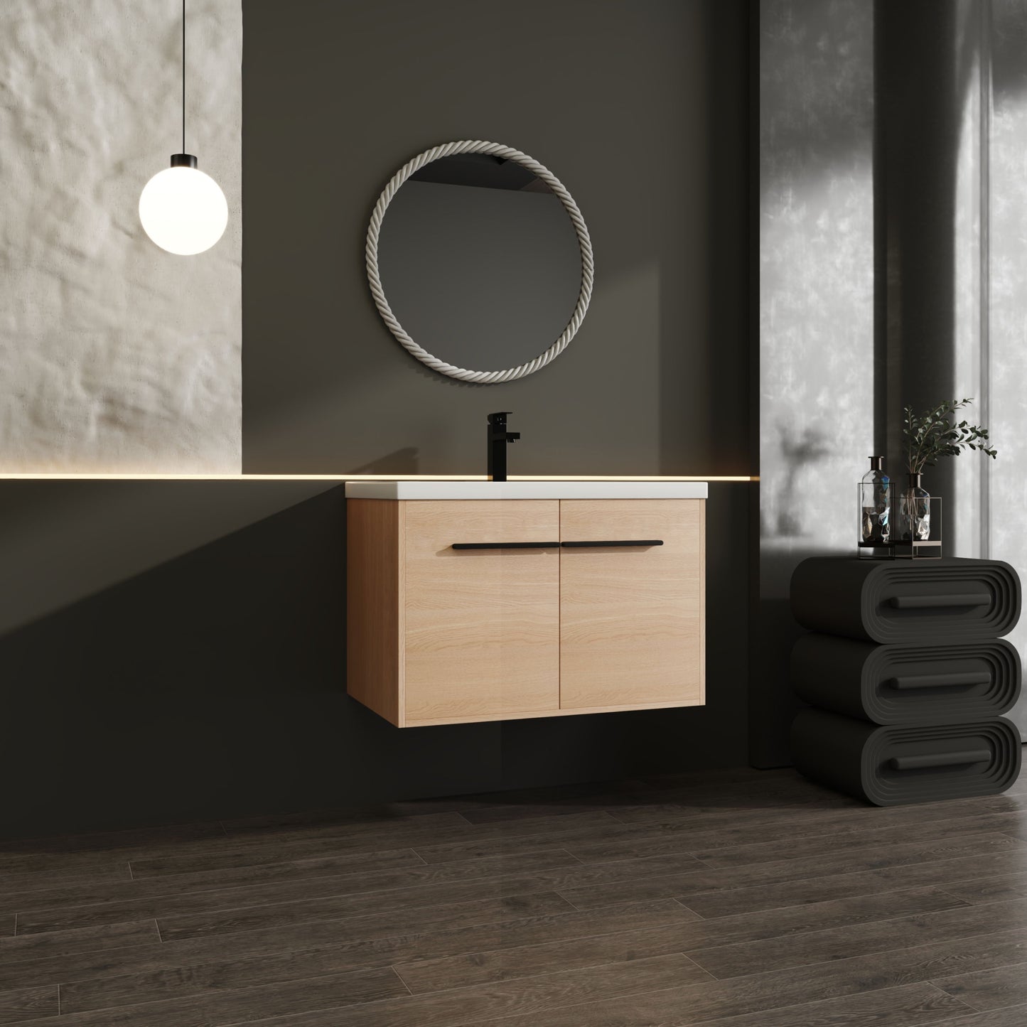 Bathroom Vanity With Resin Countertop Sink, 30" 2 Doors Cabinet Set - Oak