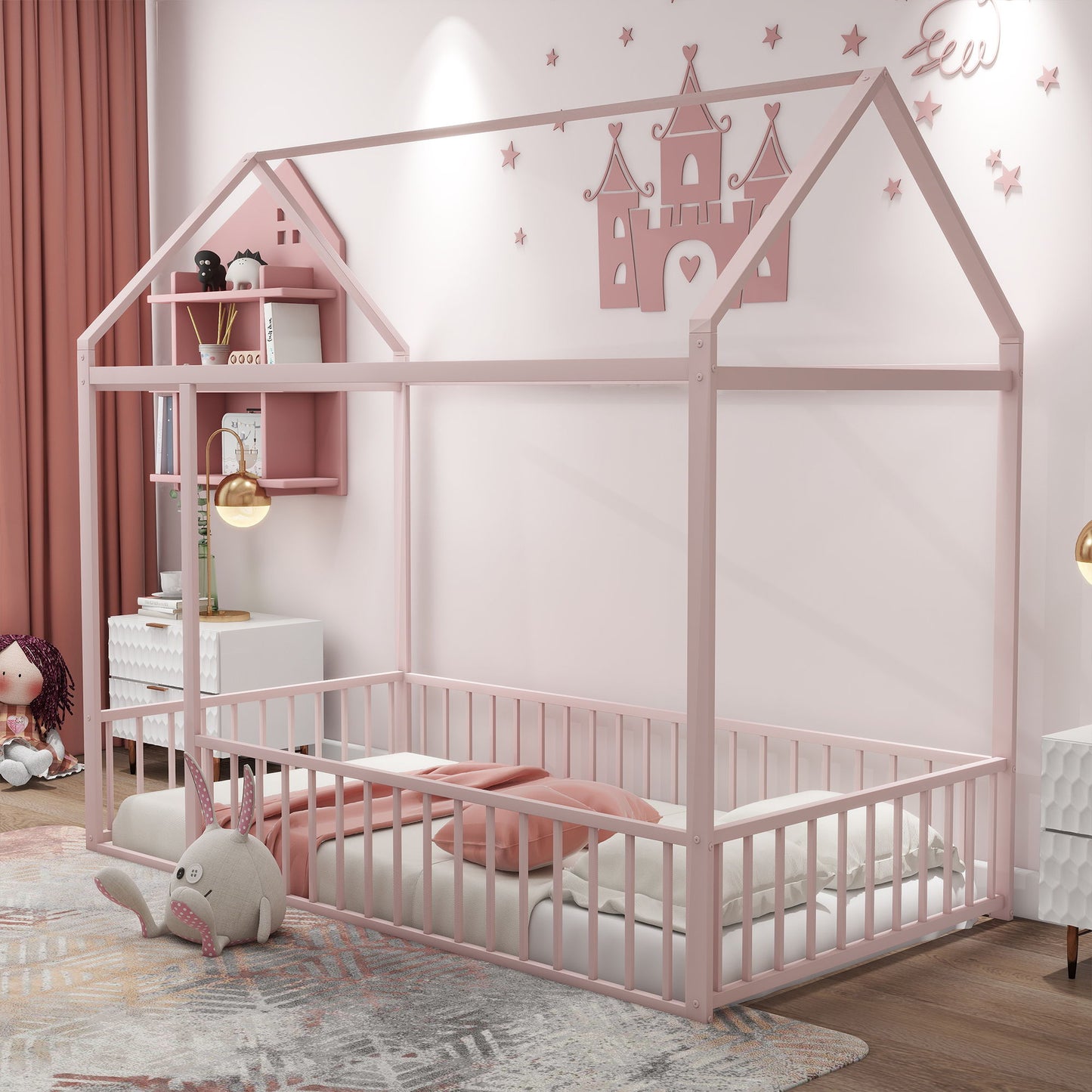 Twin Size Bed House Bed Frame With Fence - Pink