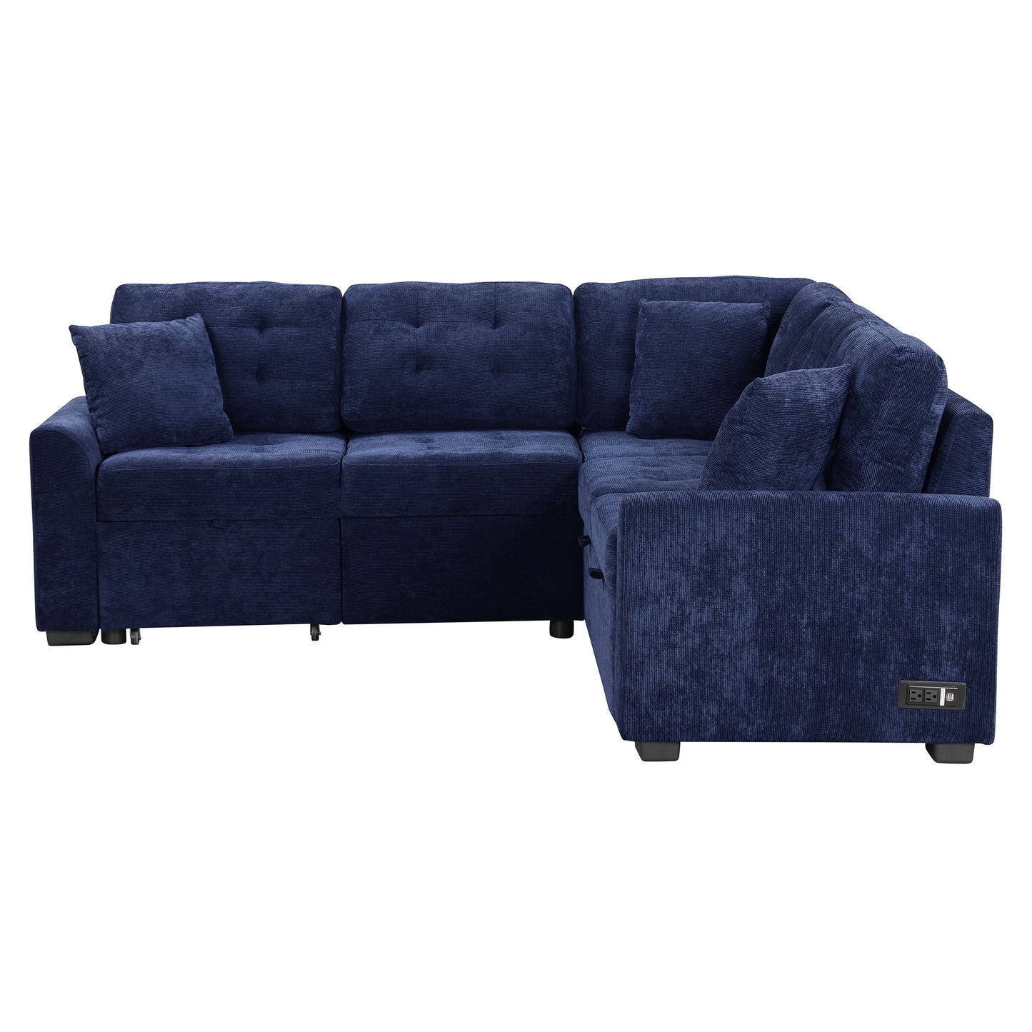 L-Shape Sofa Bed Pull-Out Sleeper Sofa With Wheels, USB Ports, Power Sockets For Living Room - Navy Blue