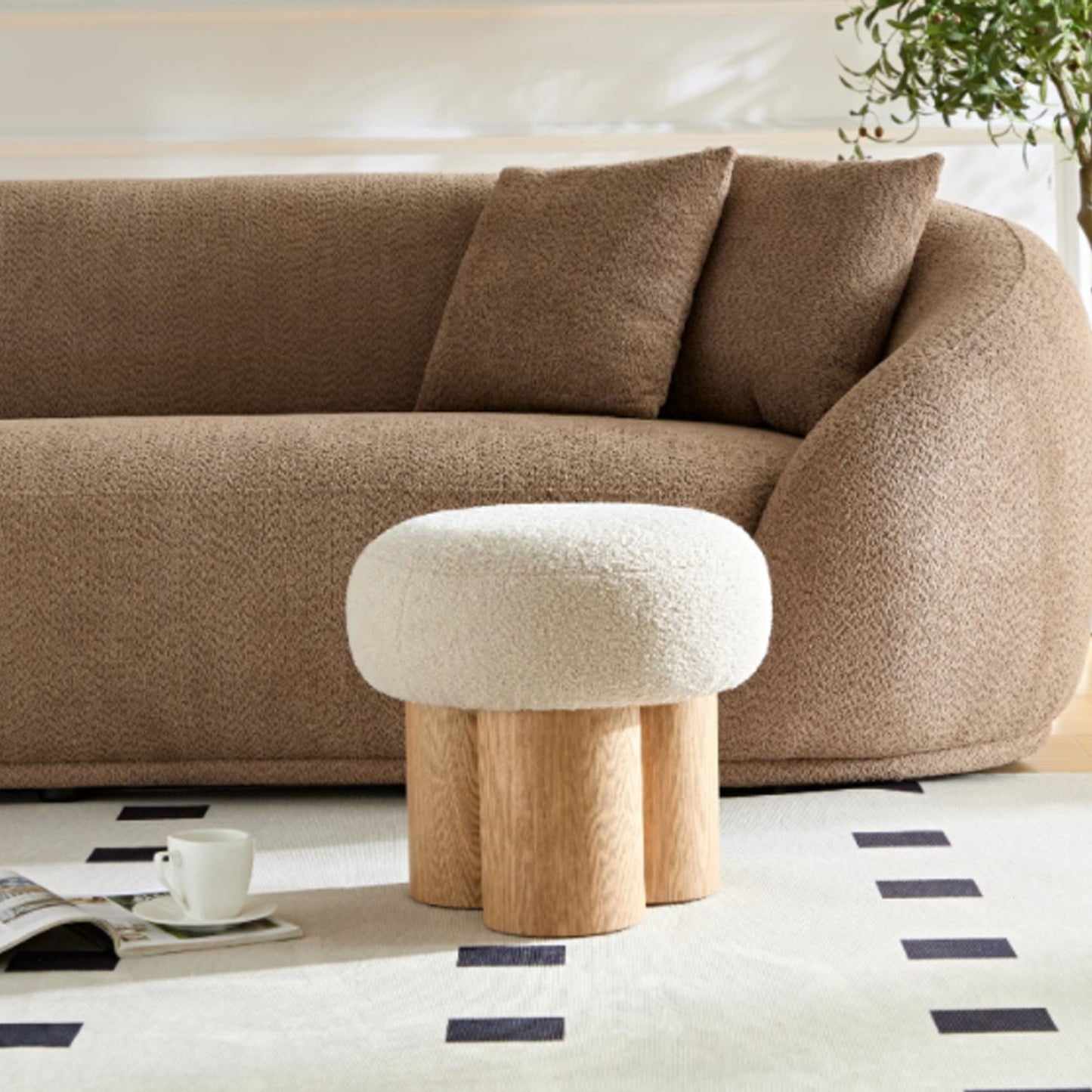 Mushroom Stool With Plush Cushion, Wooden Barrel Pipe - Greige / Walnut