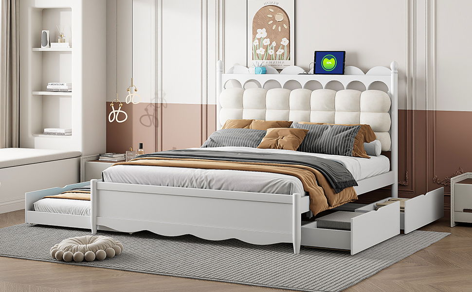 Queen Size Storage Platform Bed, With 2 Big Drawers, Twin Long Size Trundle, One Set Of Sockets & USB Ports - White
