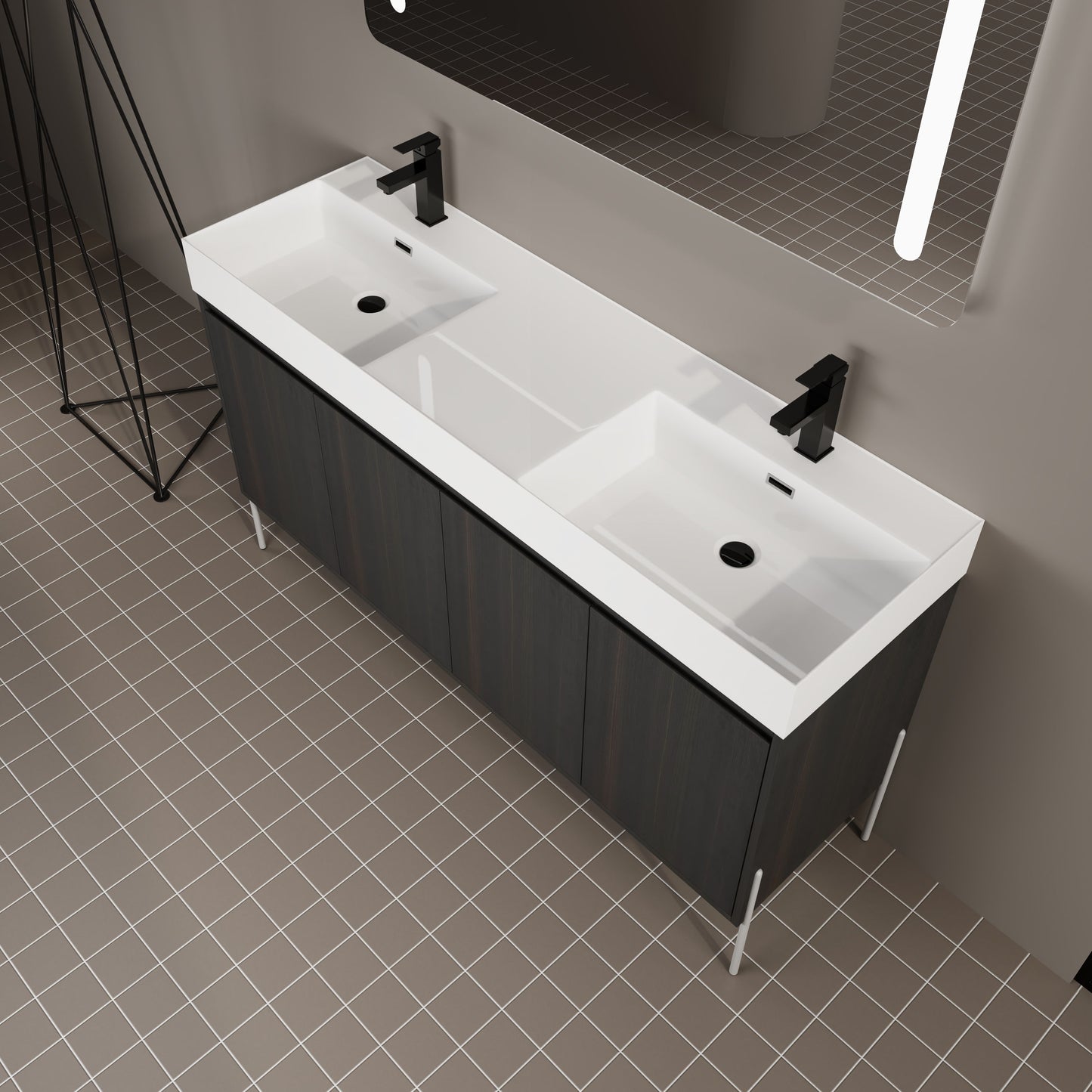 Deluxe 60" Freestanding Bathroom Vanity With Resin Double Sink - Dark Oak