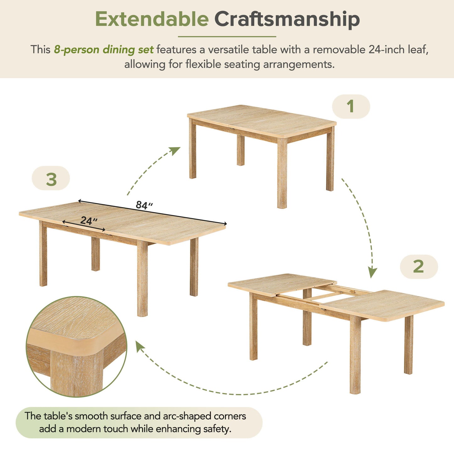Topmax - Rustic Extendable Dining Table Set With Removable Leaf, 6 Upholstered Armless Dining Chairs And 2 Padded Arm Chairs, 9 Pieces - Natural