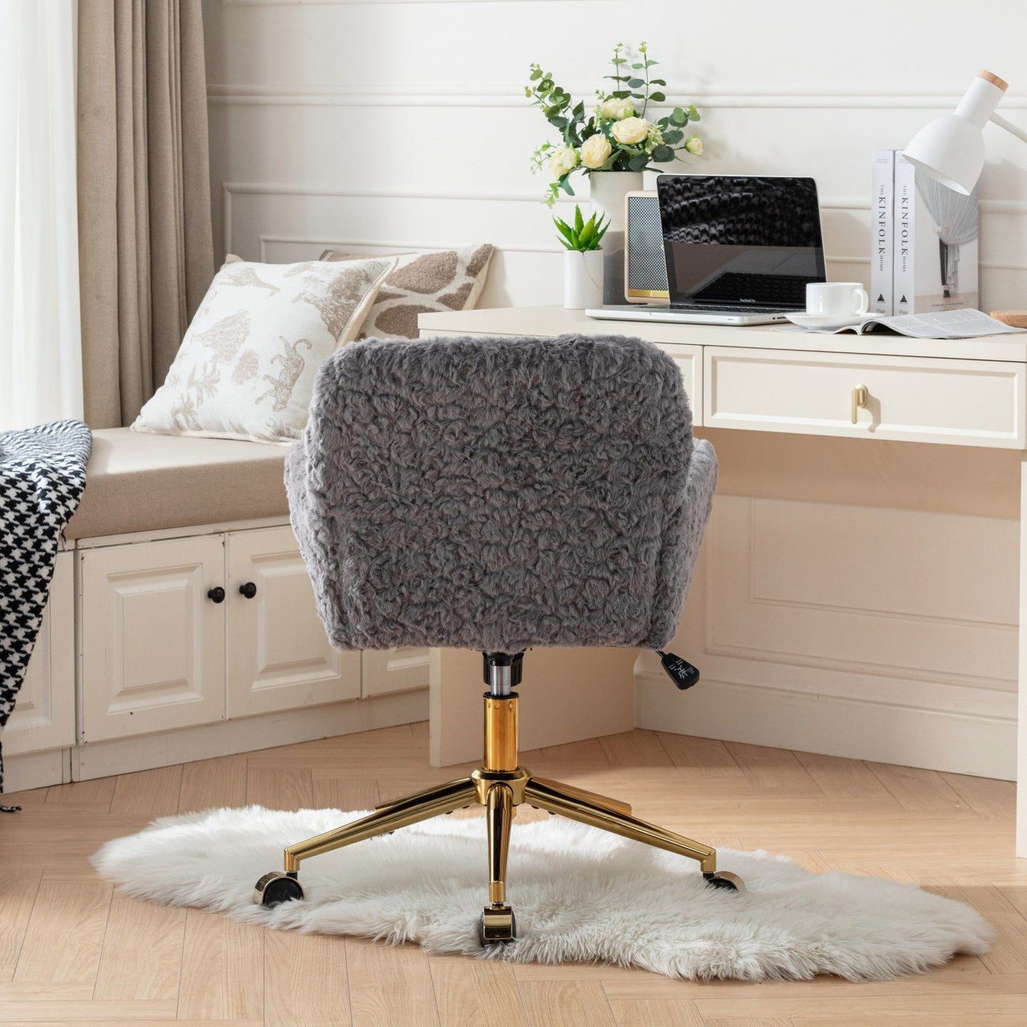 Office Chair, Artificial Rabbit Hair Home Office Chair With Golden Metal Base, Adjustable Desk Chair Swivel Office Chair, Vanity Chair - Gray