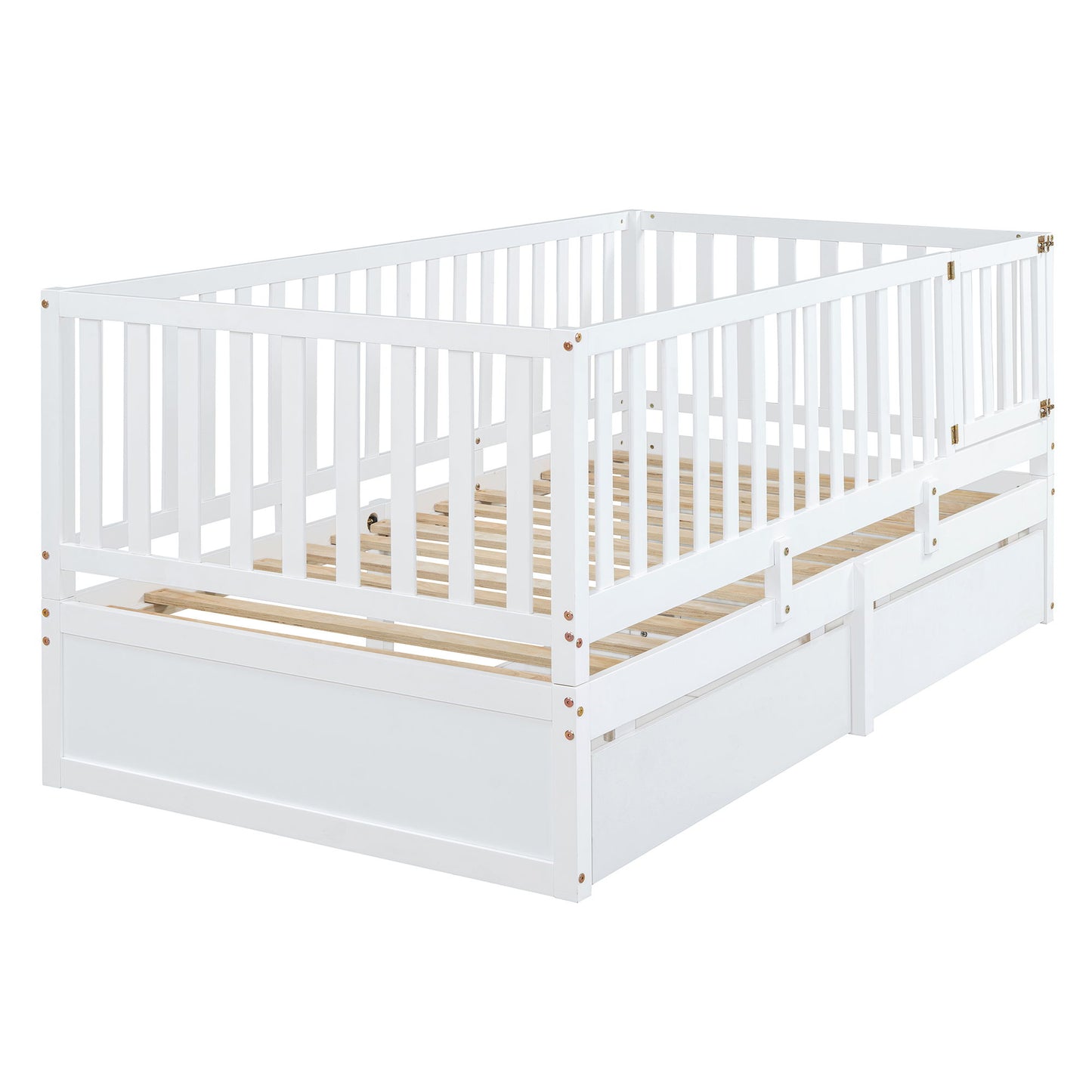 Twin Size Daybed With Fence Guardrails And 2 Drawers, Split Into Independent Floor Bed & Daybed - White