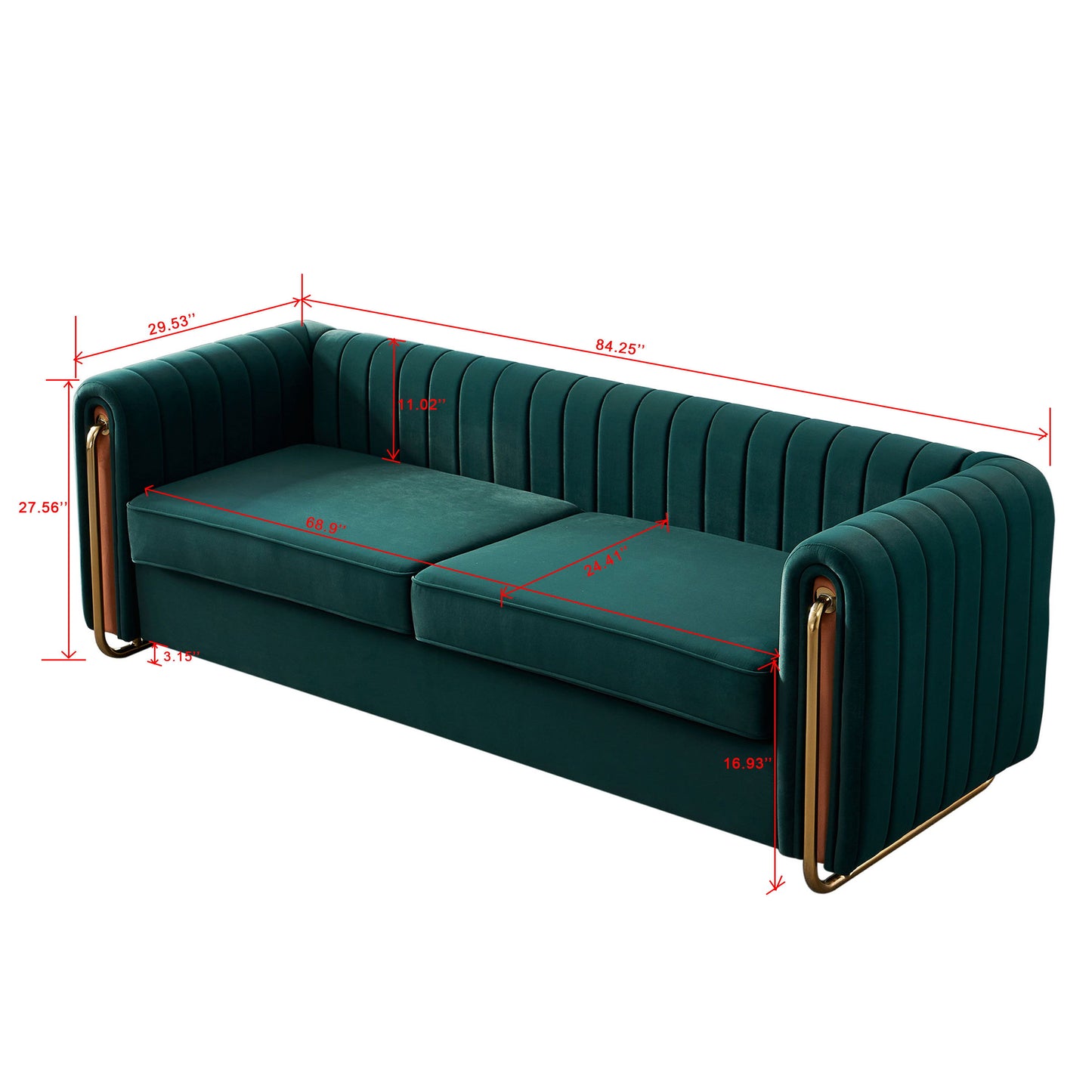 Contemporary Velvet Sofa Couch For Living Room - Green